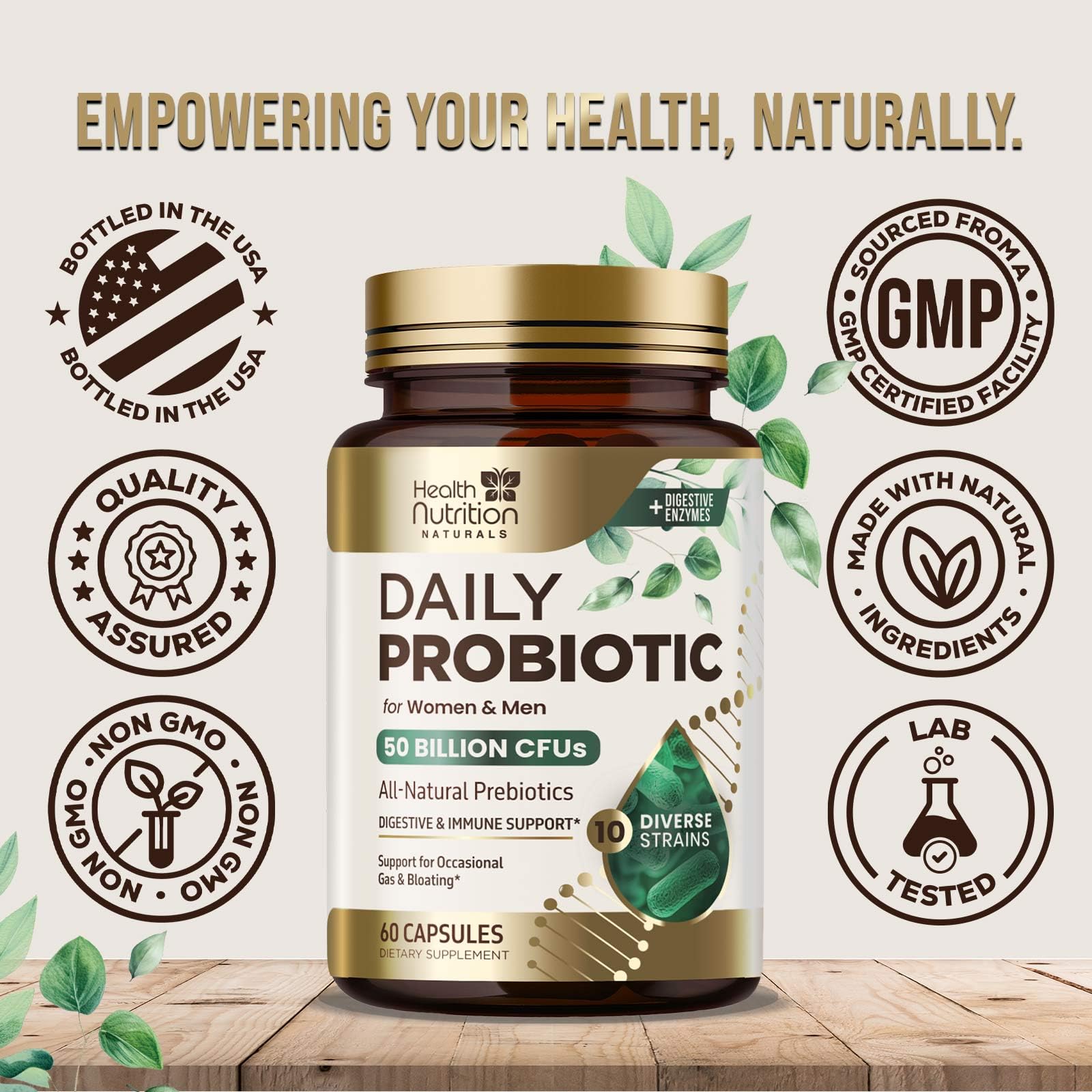 Probiotics 50 Billion CFU per Serving - 10 Strains + Prebiotics - Digestive Health, Gut & Immune Support - Occasional Constipation, Gas & Bloating Support for Women & Men, Bottled USA - 60 Capsules Health Nutrition NaturalsAu supplements