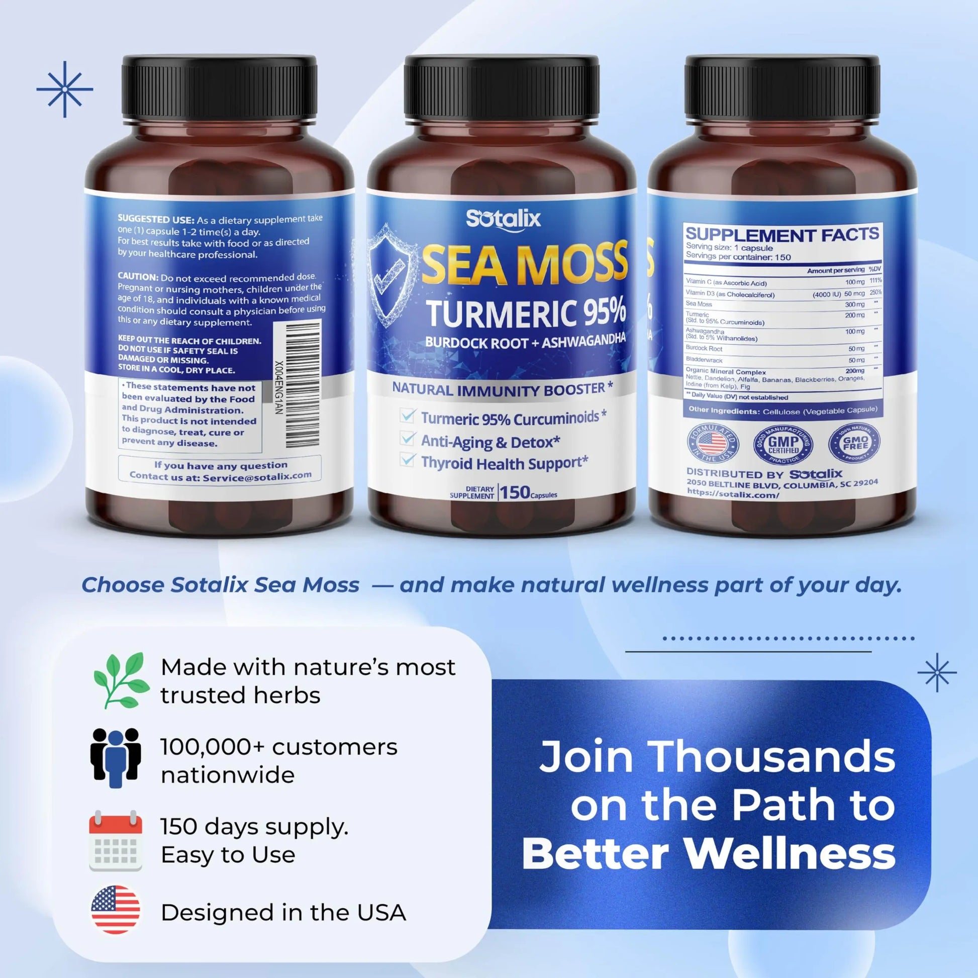 Sotalix Sea Moss Capsule with Ashwagandha, Burdock Root, Bladderwrack, Turmeric - Powerful Natural Immunity Booster (150 Count (Pack of 1)) SOTALIX SUPPLEMENTnz supplements