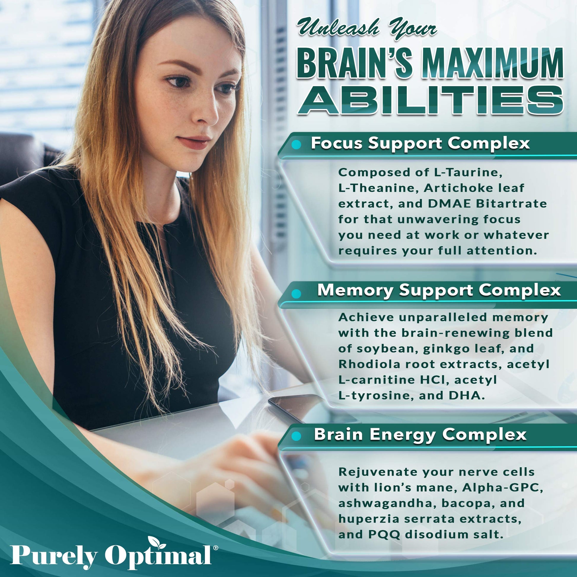 Premium Brain Supplement - Nootropic Brain Booster for Focus, Clarity, Improved Memory Purely OptimalUS supplements