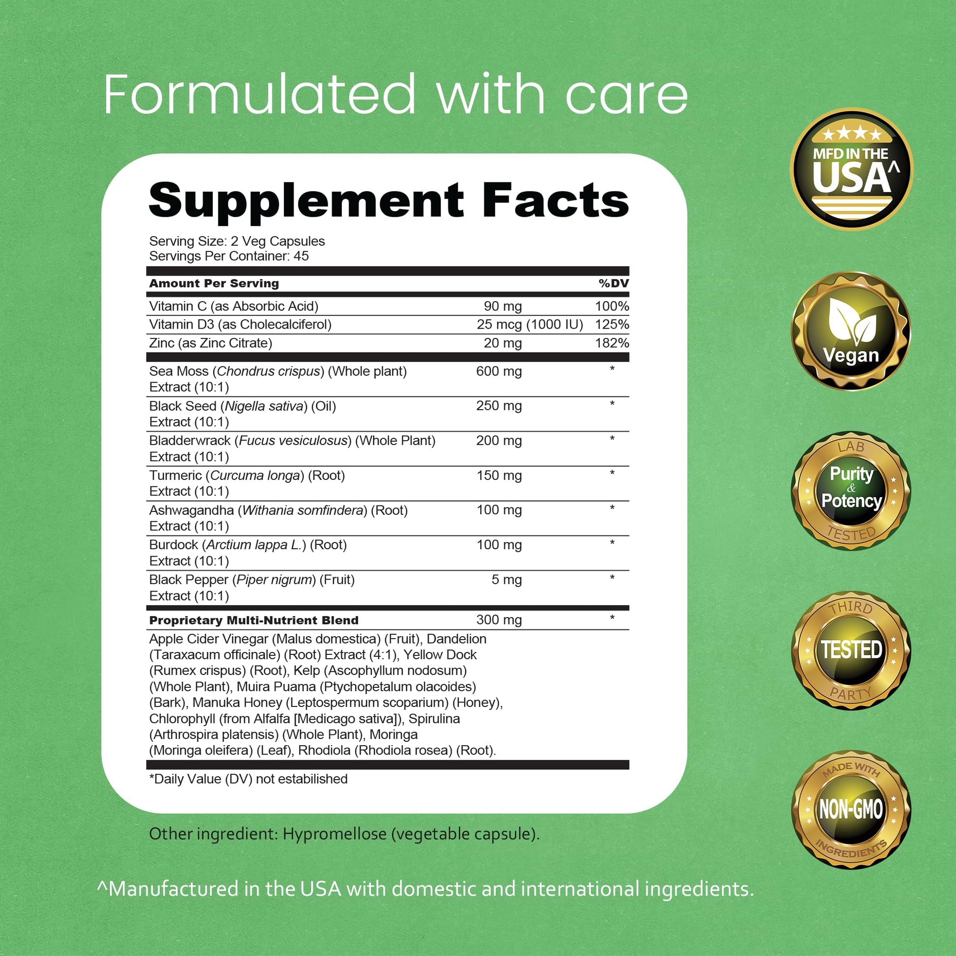 Sea Moss, Black Seed Oil, Bladderwrack, Turmeric, Ashwagandha, Burdock, Vitamin C, D3, Yellow Dock Root, Manuka, Dandelion - 90 Veggie caps NaturaLife LabsAu supplements