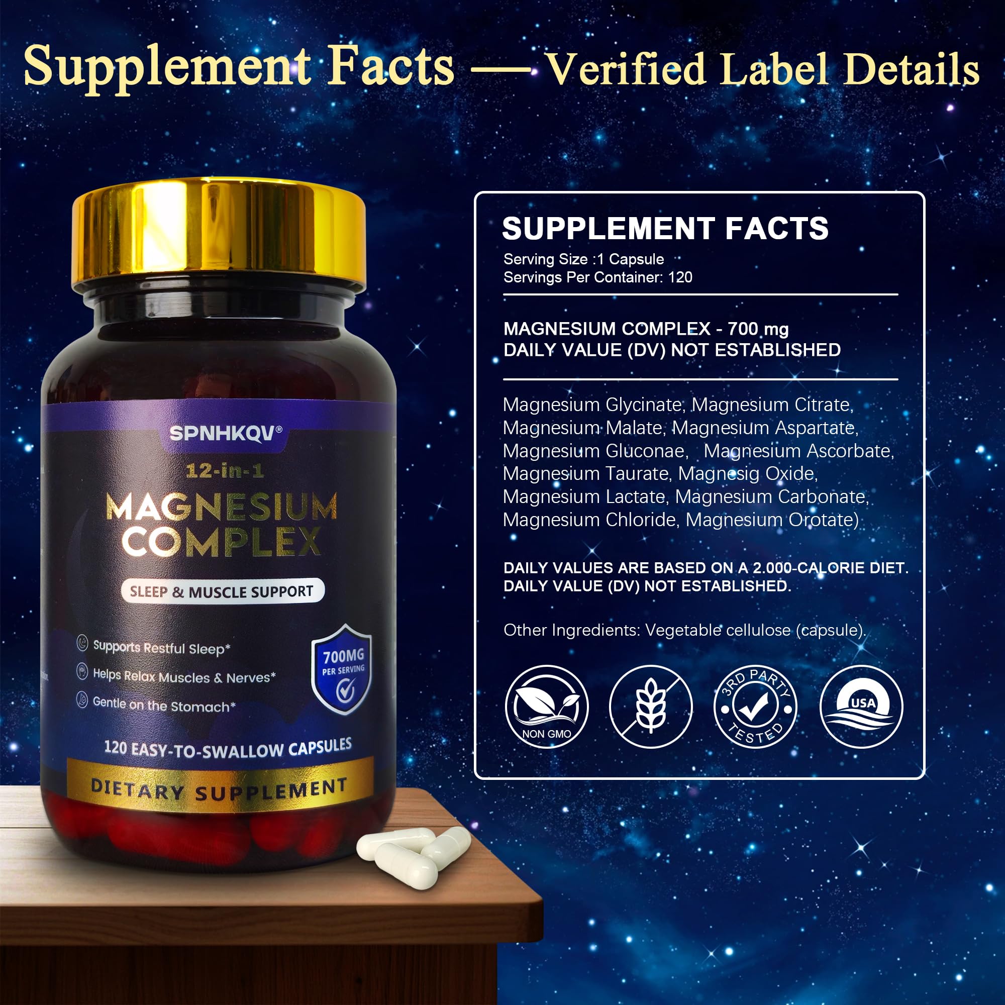 SPNHKQV Magnesium 12-in-1 Complex Supplement – 700mg High Absorption Magnesium Glycinate Capsules for Women & Men – Muscle, Nerve & Sleep Support – 120 Vegan Capsules SPNHKOVAu supplements