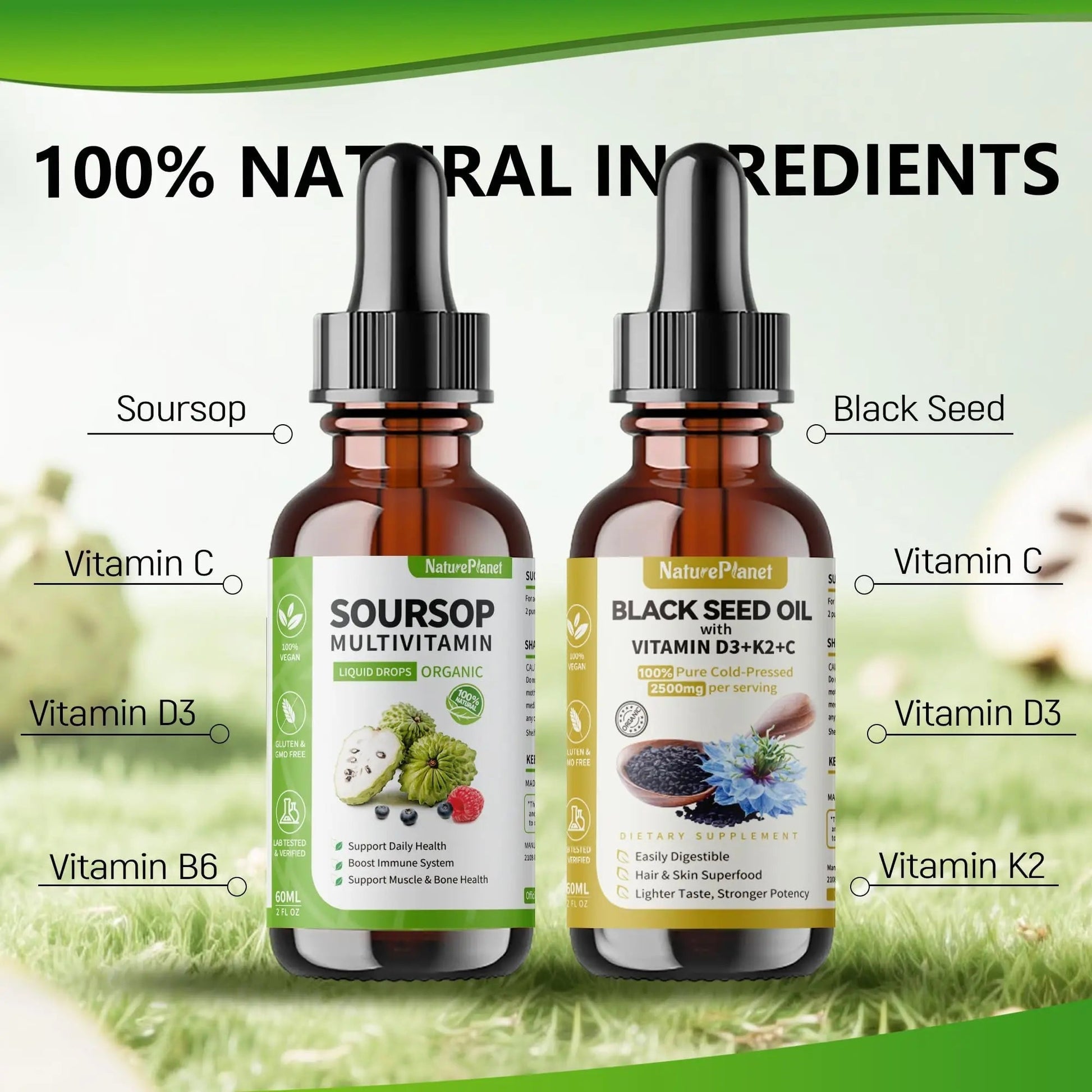 NaturePlanet Organic Soursop Bitters and Black Seed Oil Drops Bundles with Vitamins D3, K2, B6, C | NaturePlanetAu supplements