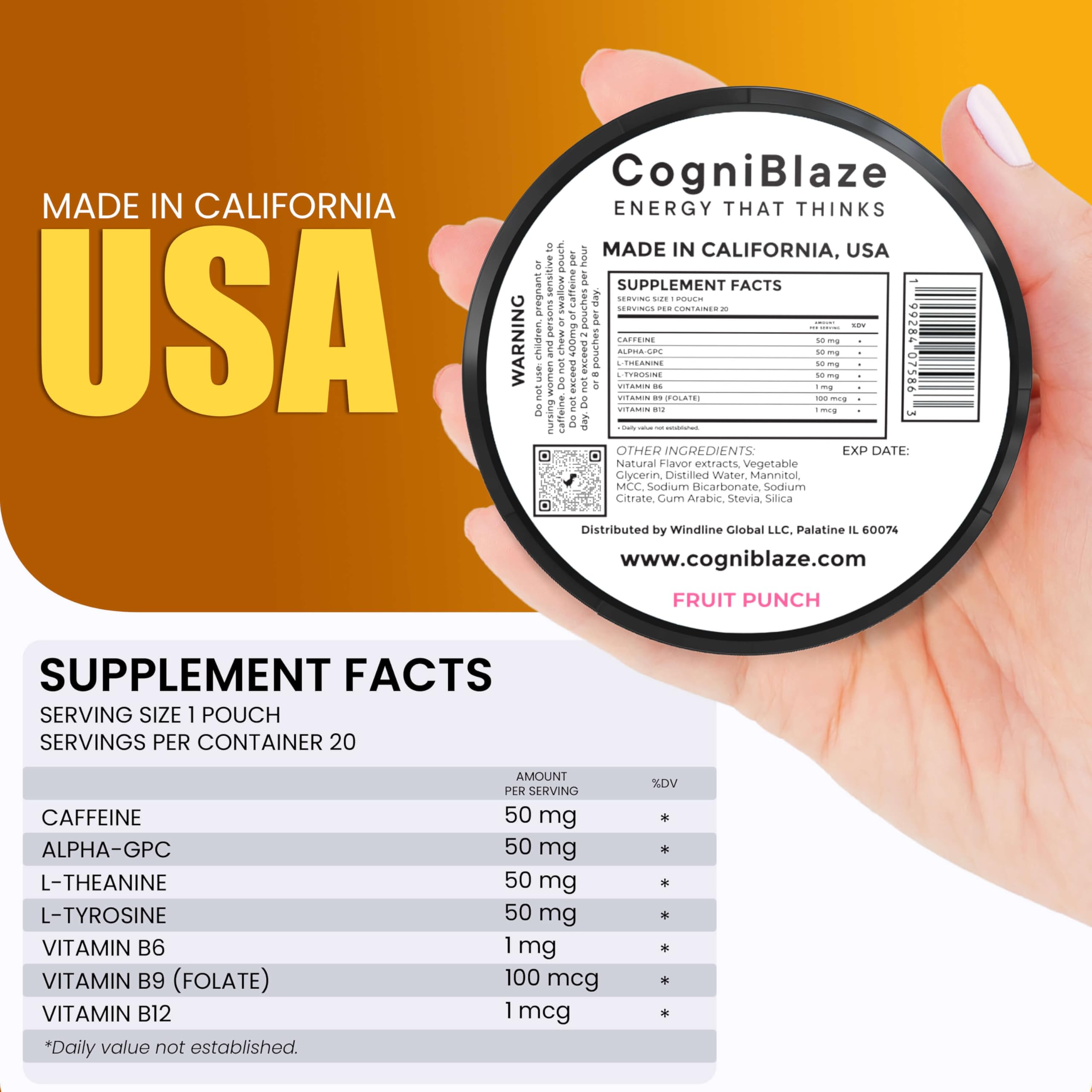 CogniBlaze Caffeine Pouches (Fruit Punch) | Nootropic Energy Pouches with 50mg Caffeine, Alpha GPC, L-Tyrosine & L-Theanine | Zero Sugar | No Artificial Sweeteners | 4 Pack (80 Total) CogniBlazeAu supplements