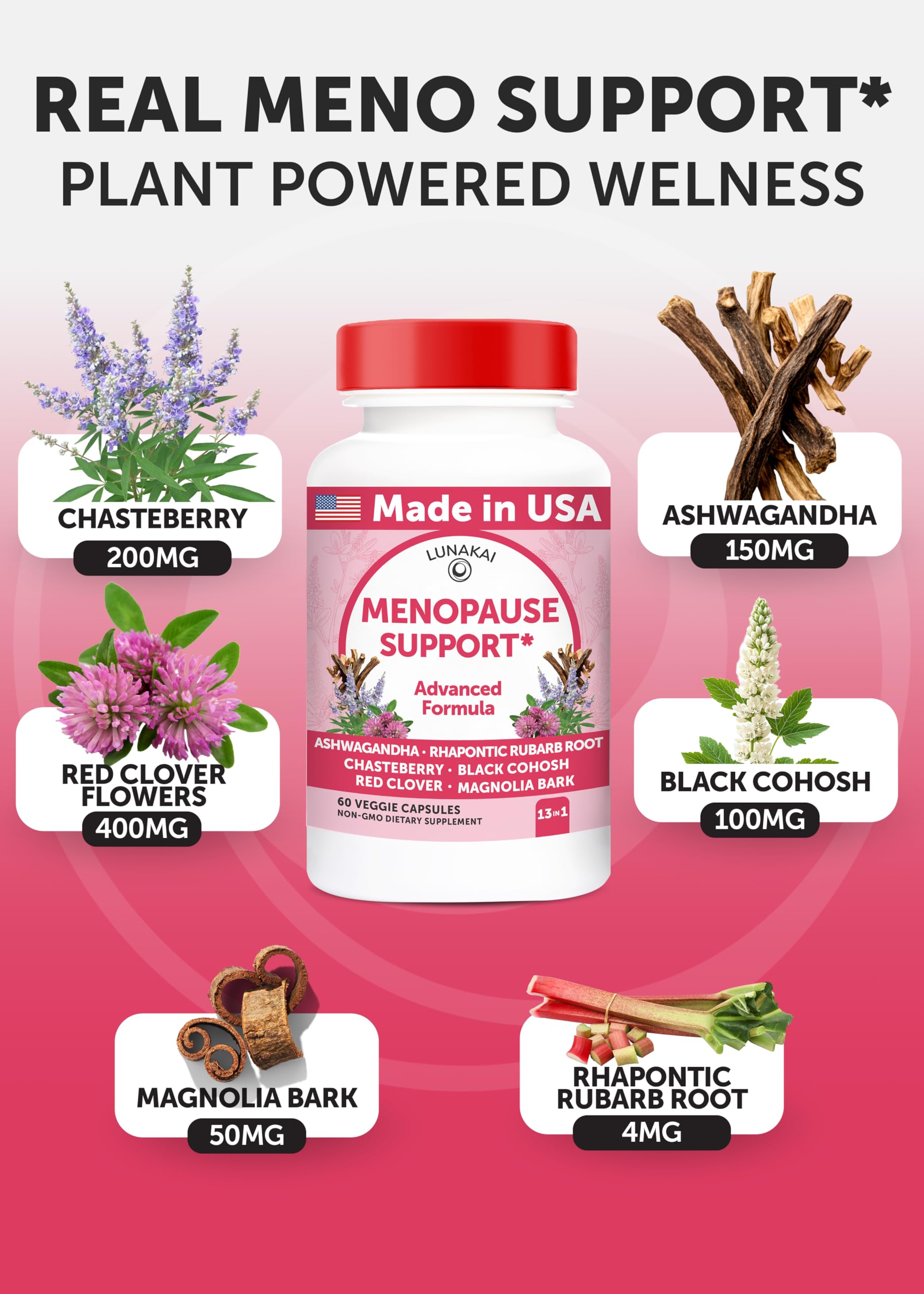 Lunakai USA Made Natural Menopause Supplements for Women – 13-in-1 Menopause Relief for Hot Flashes, Night Sweats, Sleep & Mood Support, 60ct LunakaiAu supplements