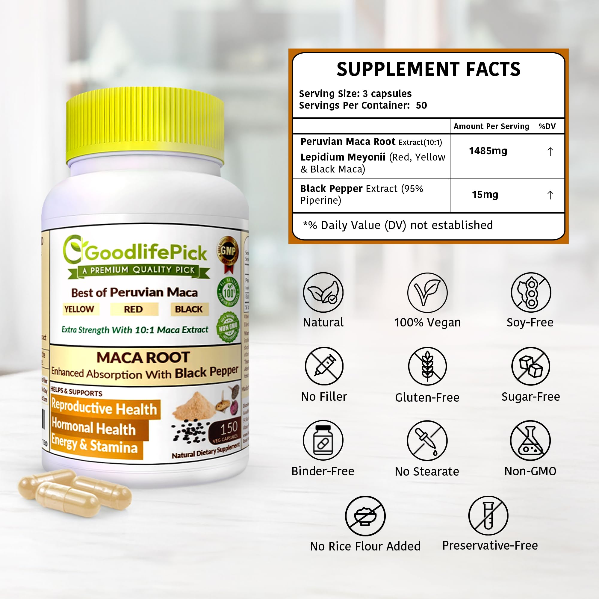 Peruvian Maca Root Capsules 150 ct. Powerful Maca Blend of Yellow Red & Black Maca Root with Black Pepper. All Natural NonGMO Vegan No Stearate No Rice Powder No Silica No Filler GoodlifePickAu supplements