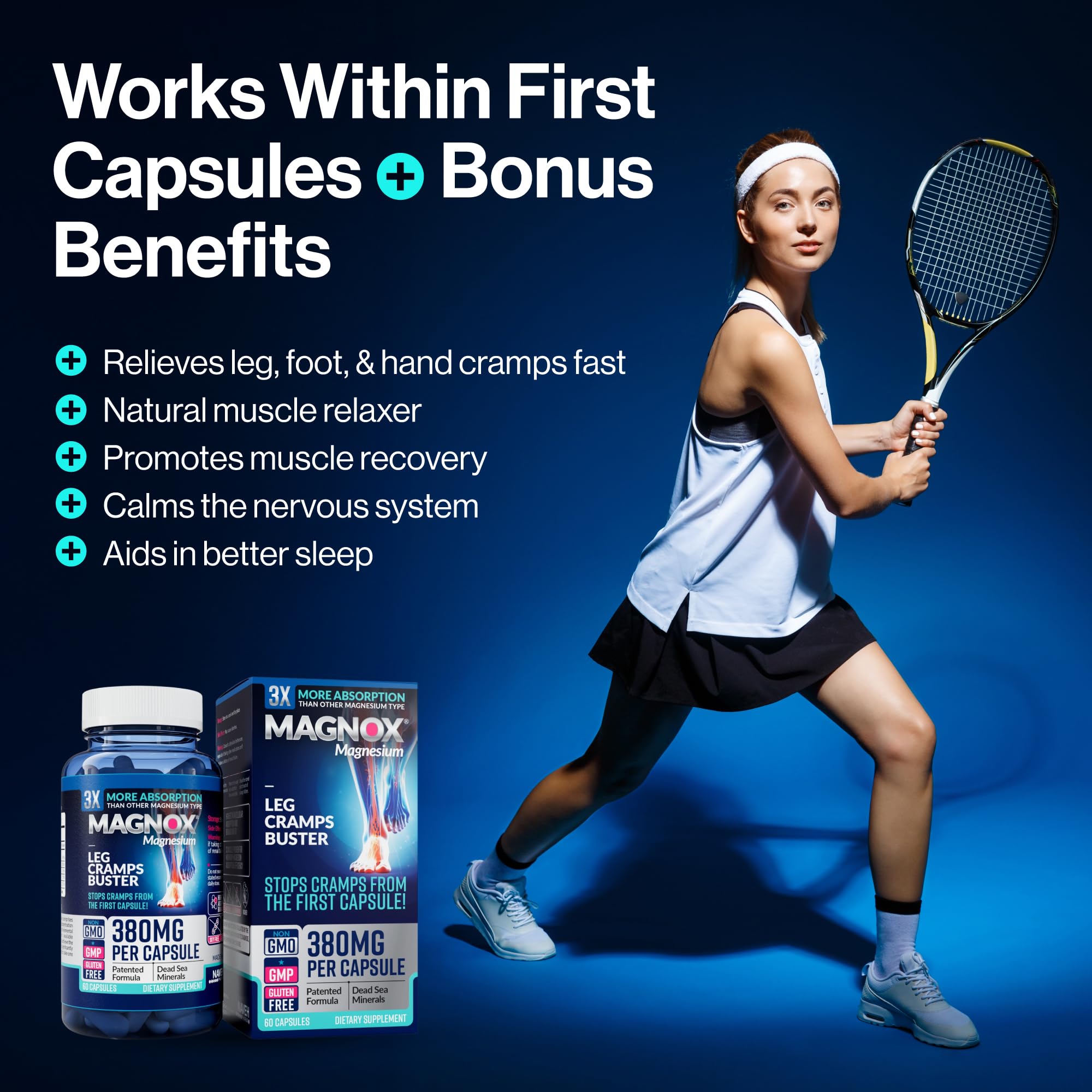 MAGNOX® Buster | Patented Clinically Tested 380mg Magnesium Supplement for Spasms & Leg Cramps at Night | One Capsule a Day for Almost Full Dosage | 3X More Absorption | Dead Sea Minerals (60 Caps) MAGNOXAu supplements
