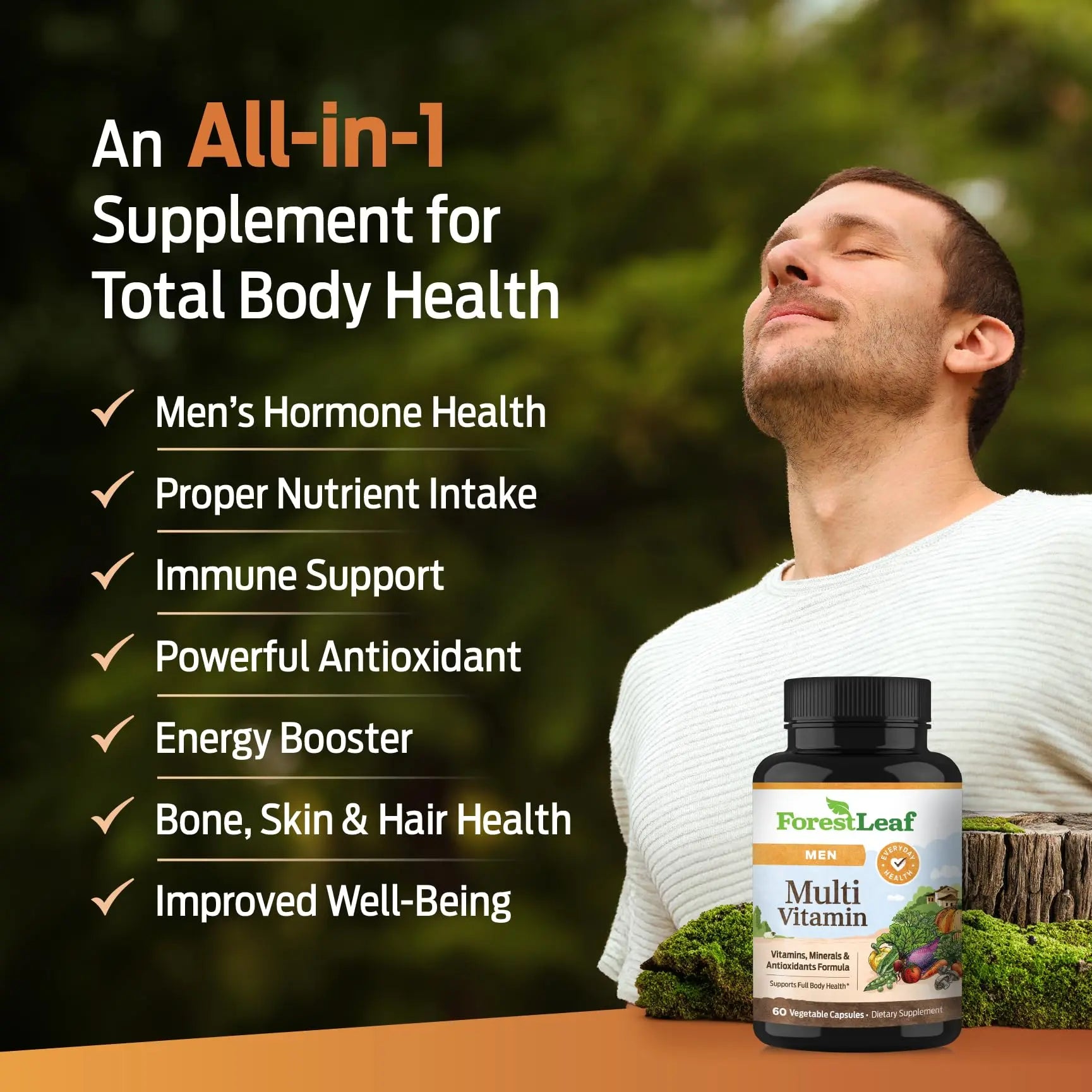 ForestLeaf Daily Vitamin Multivitamin for Men, Multi-Vitamin for Men - Mens Multivitamins & Multiminerals Supplement | All Essential Vitamins Needed for Health, Longevity & Energy | 60 Veg Caps ForestLeafAu supplements