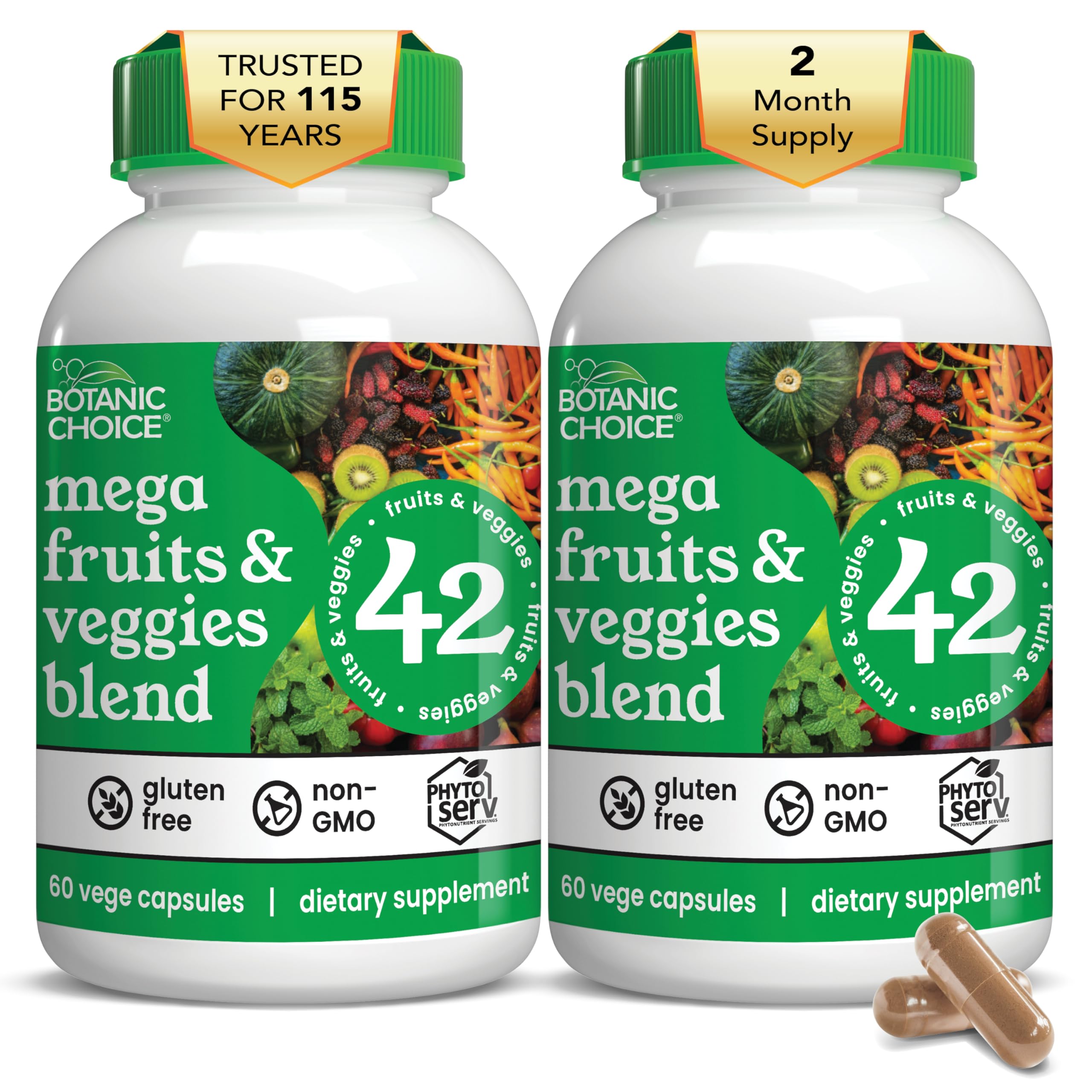 Botanic Choice Since 1910 - Mega Fruits & Veggies Blend - 42 Fruits and Vegetables - 2 Caps Daily - 60 Count Supplement - 2 Pack Botanic ChoiceAu supplements