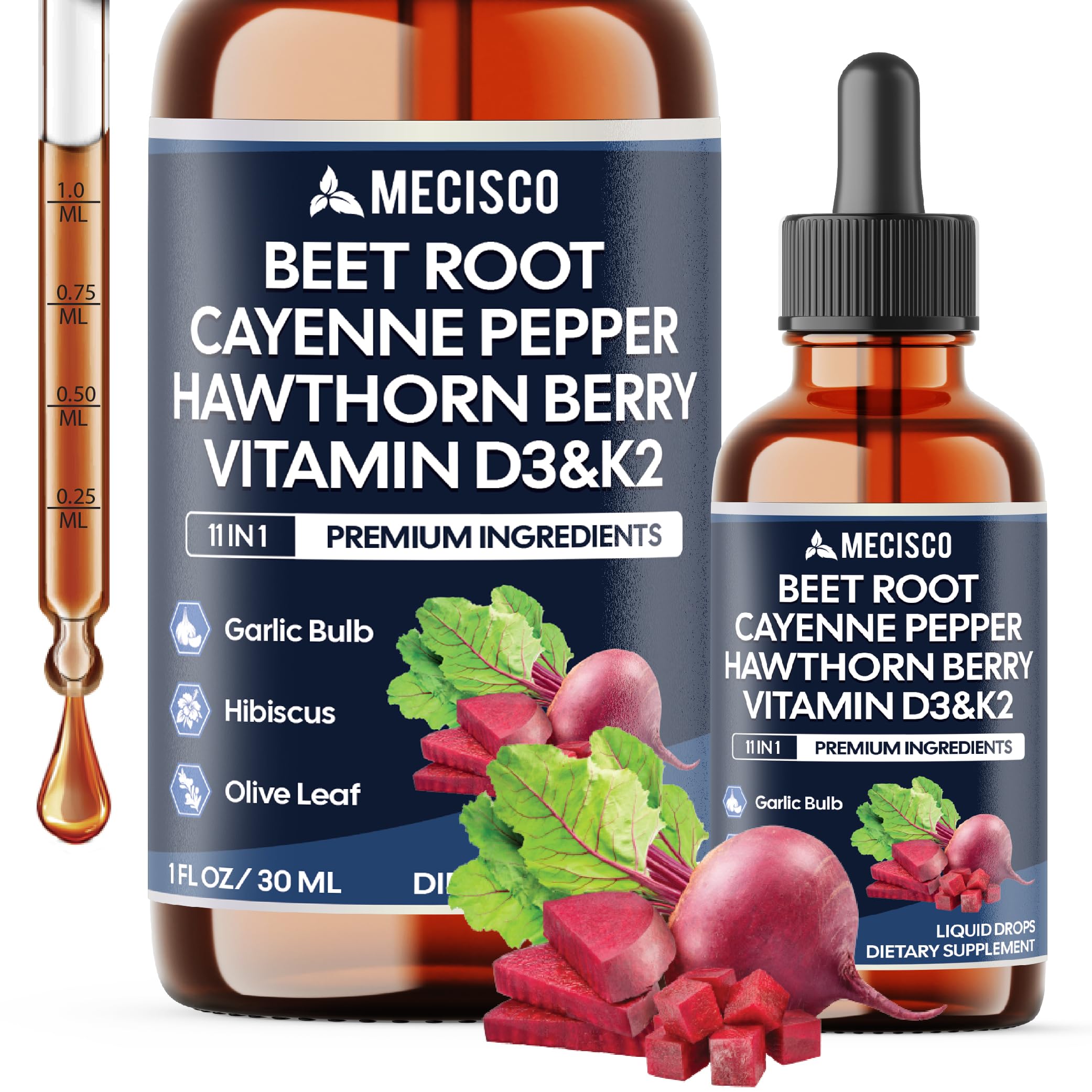 11in1 Beet Root Liquid Drops - Support Overall Wellness - with Vitamin D3, Vitamin K2, Hawthorn Berry, Cayenne Pepper, Garlic, Hibiscus, Olive, Red Spinach, Green Tea - 1 FL Oz - 60 Day Supply MeciscoAu supplements