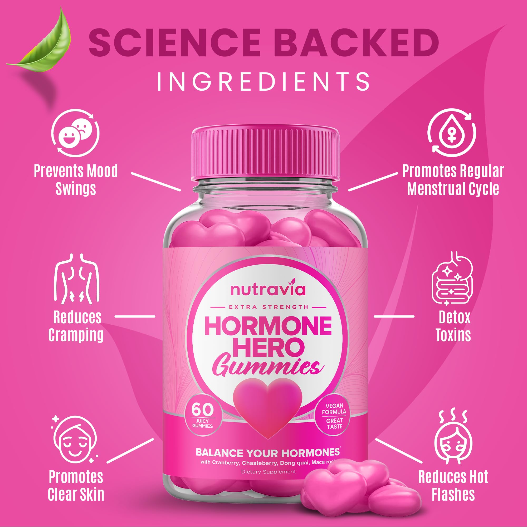 Hormone Balance For Women Gummies + PMS Relief Supplement - Supports Mood Swings, Clear Skin, Reduced Cramps and Bloating - Hormonal PMS Gummies PCOS Vitamin with Cranberry, Dong Quai (60 Gummies) NutraviaAu supplements