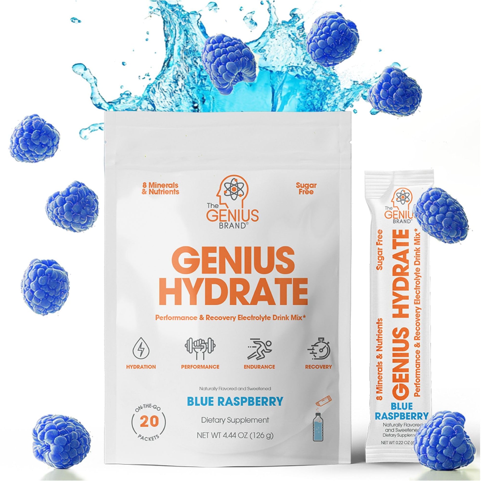 The Genius Brand - Genius Hydrate Stick Pack Powder Drink Mix – Blue Raspberry Flavor, Natural Electrolyte Booster with Coconut Water & Potassium for Ultimate Hydration - 20 Packets The Genius BrandUS supplements