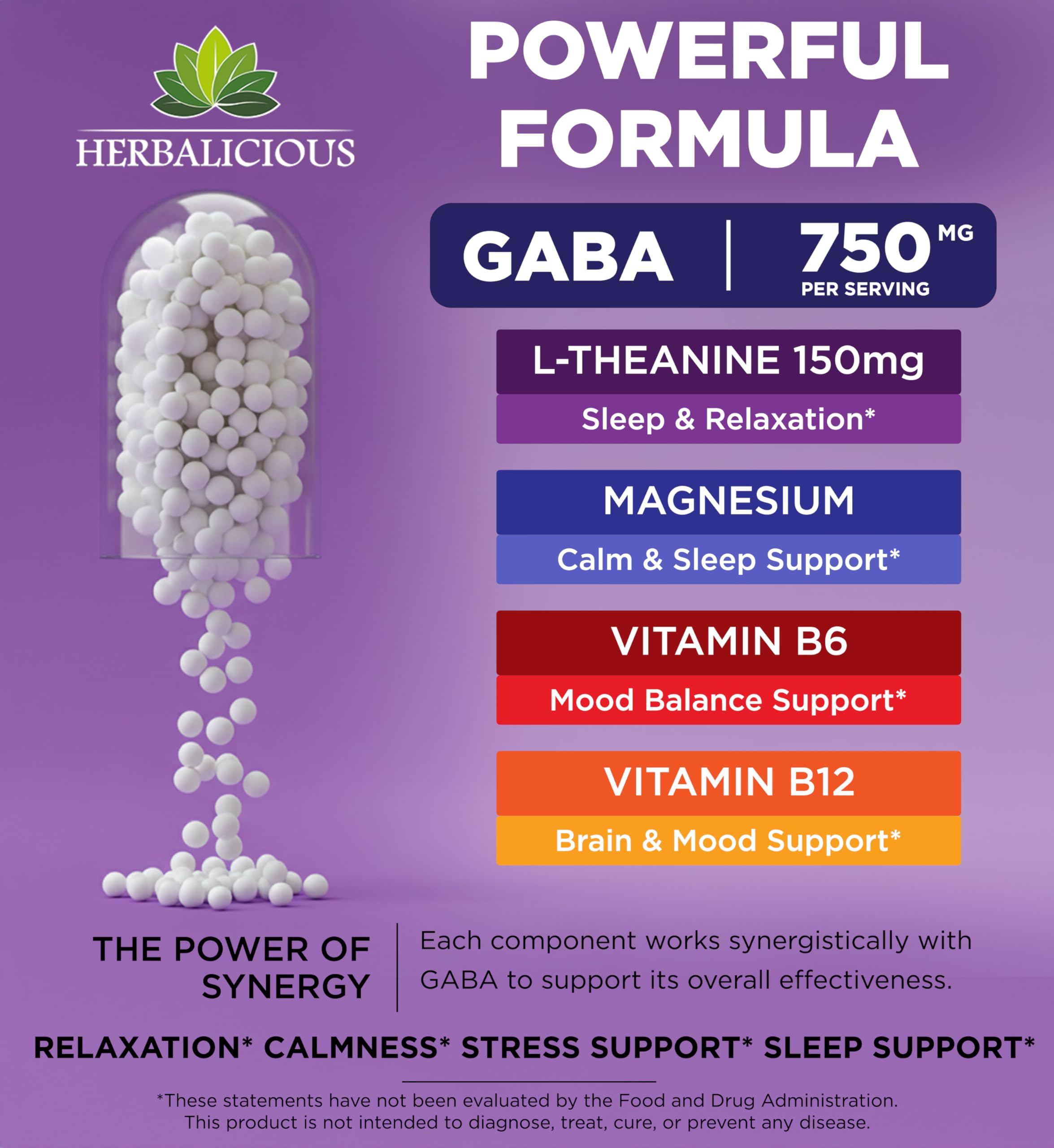 HERBALICIOUS GABA L-Theanine with Magnesium – Calm & Focus Support, Stress Relief, Relaxation + Mood Balance, Brain & Memory Support Supplement – Vitamin B6 + B12 Complex – 120 Capsules HERBALICIOUSAu supplements