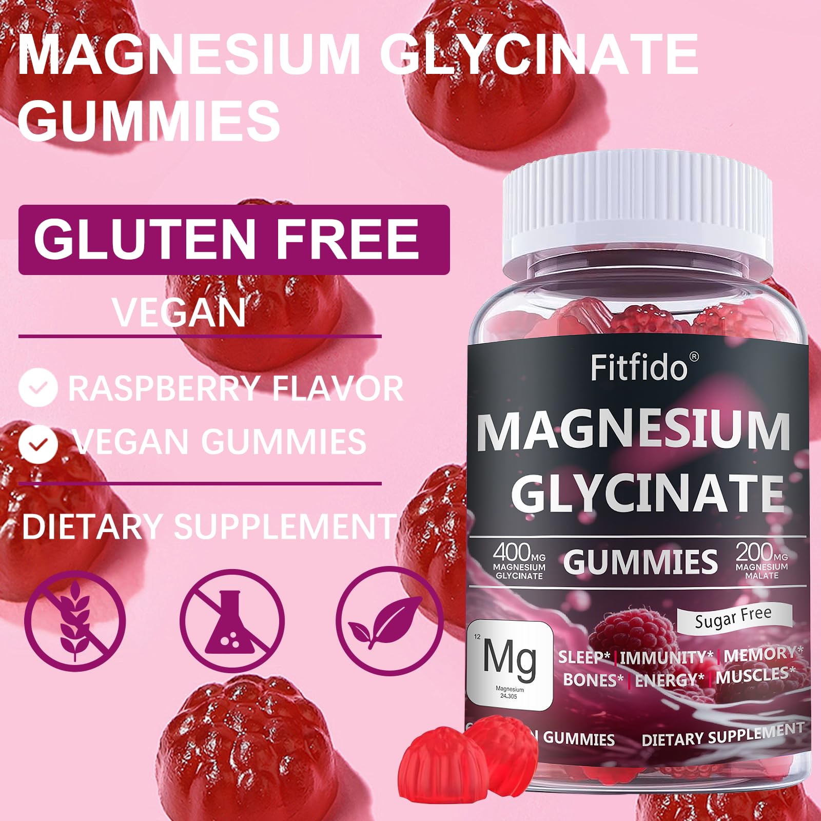 Magnesium Glycinate Gummies 400mg, Chewable Sugar Free Magnesium Supplement with Magnesium Glycinate, Magnesium Malate and Protein for Sleep, Relaxation, Brain & Muscle - Vegan (60 Count, Raspberry) FitfidoAu supplements