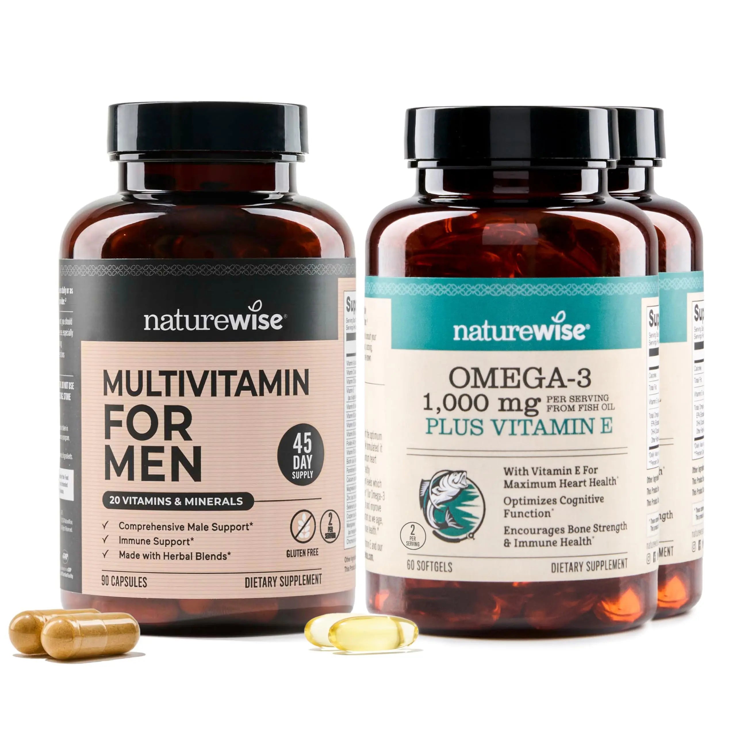 NatureWise [1] Multivitamin for Men - Non-GMO - 90 Capsules[45-Day Supply] + (Pack of 2) Omega 3 Fish Oil 1000mg + Vitamin E - Wild-Caught - 60 Softgels[30-Day Supply] NatureWiseAu supplements