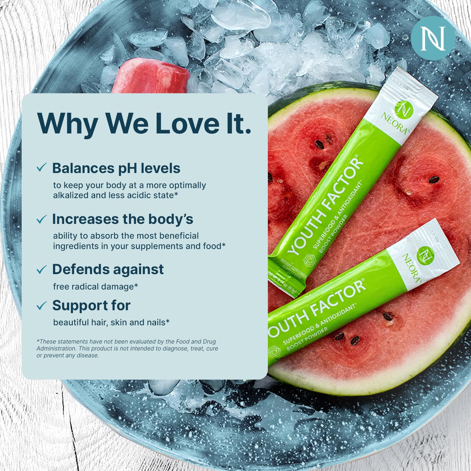 NEORA Youth Factor - Superfood Boost Powder - pH Balance, Hair Skin Nails Support, Fruits & Veggies Equivalent, Nutrient Absorption - 30 Packets NEORAAu supplements