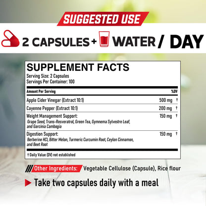 12in1 Apple Cider Vinegar Supplements - 200 Capsules with Cayenne Pepper, Grape Seed DEDICADUS supplements