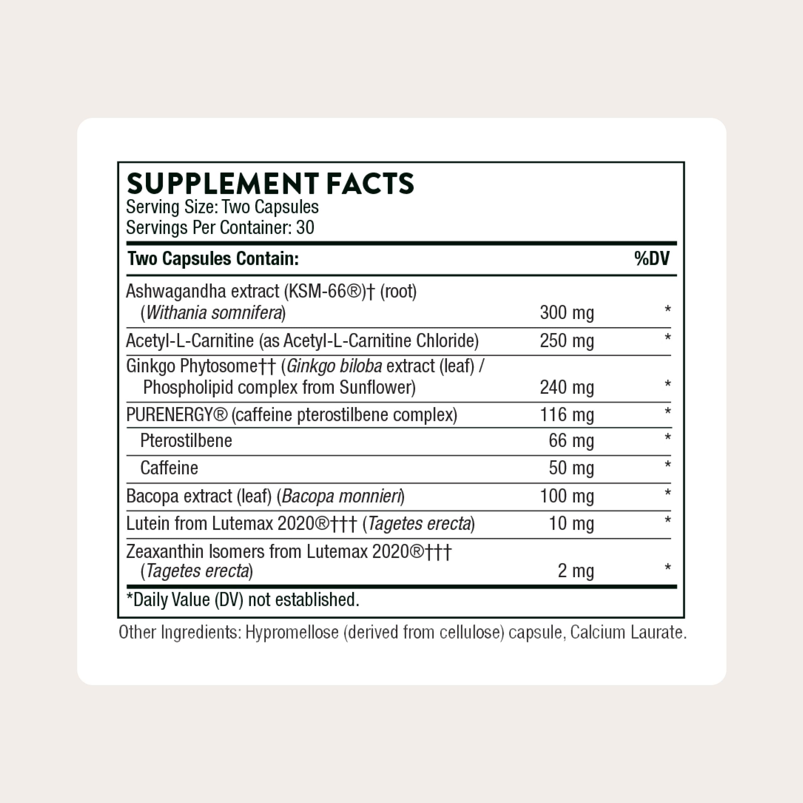 THORNE - Memoractiv - Nootropic Brain Supplement for Focus, Creativity, and Concentration - Ashwagandha, Ginkgo, Lutemax, Bacopa, Pterostilbene - Gluten-Free, Dairy-Free* - 60 Capsules - 30 Servings THORNEAu supplements