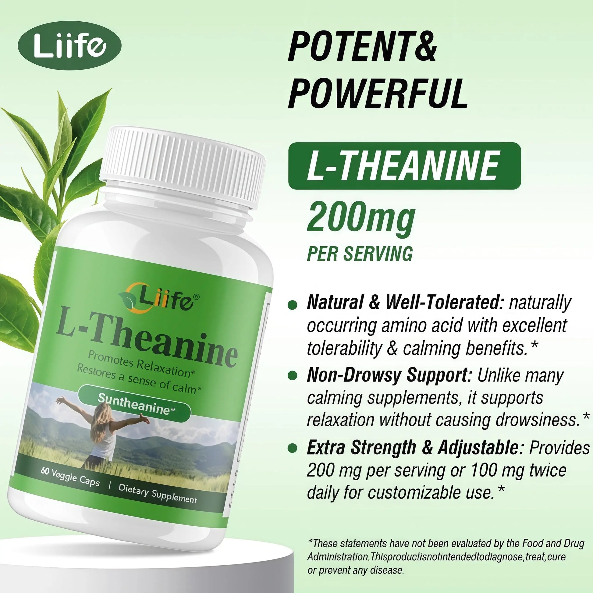 LIIFE L-Theanine (Suntheanine®) with GABA– 60 Veggie Capsules Support with Magnesium & Black Pepper for a Healthy Stress Response, Relaxation, and Focus Increases Brain Alpha-Wave Production* LIIFEnz supplements
