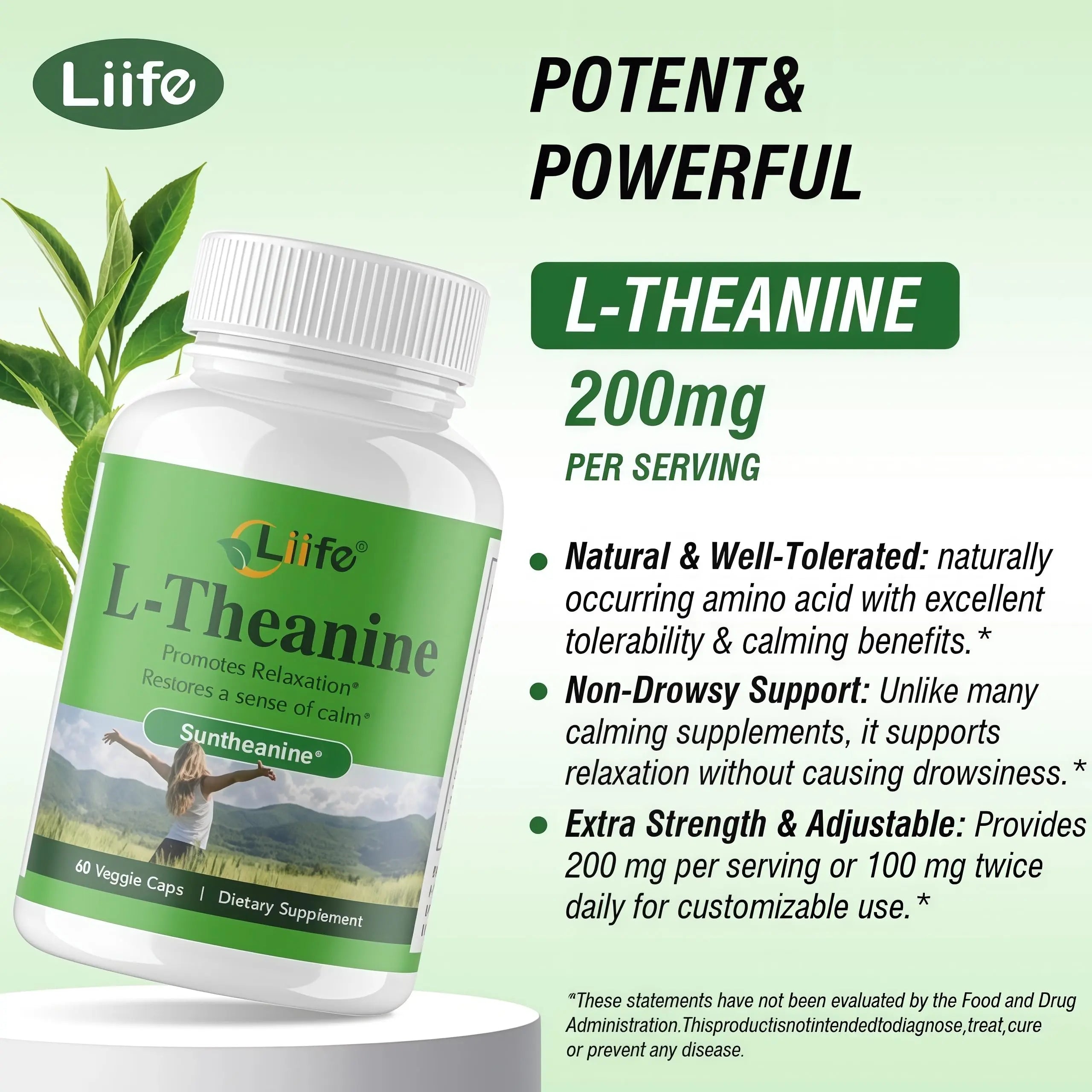 LIIFE L-Theanine (Suntheanine®) with GABA– 60 Veggie Capsules Support with Magnesium & Black Pepper for a Healthy Stress Response, Relaxation, and Focus Increases Brain Alpha-Wave Production* LIIFEnz supplements