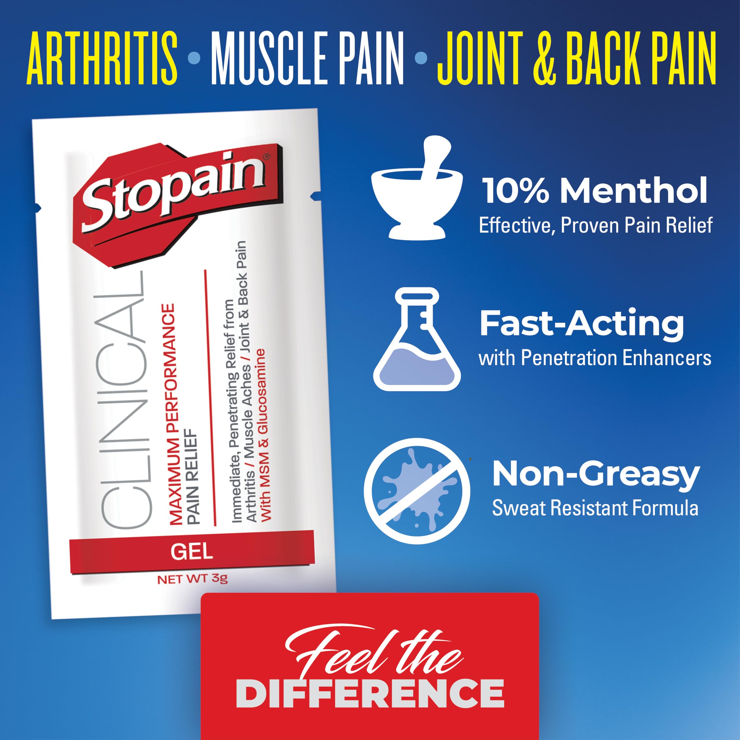 Stopain Pain Relief Clinical Gel Packets, 50 Pack, Made in USA, Maximum Performance Pain Relief with 10% Menthol Plus Glucosamine for Muscle Aches, Joint Pain, and Arthritis StopainAu supplements