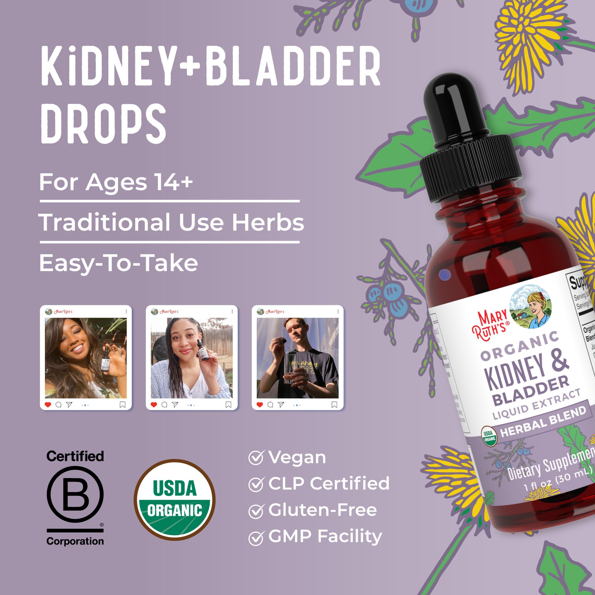MaryRuth Organics Herbal Supplement Drops | Support Renal & Urinary Systems | Juniper Berry | Cleavers | Dandelion | Hawthorn | Horsetail & Chanca Piedra | Vegan | Non-GMO | 1 Fl Oz MARYRUTH'SUS supplements