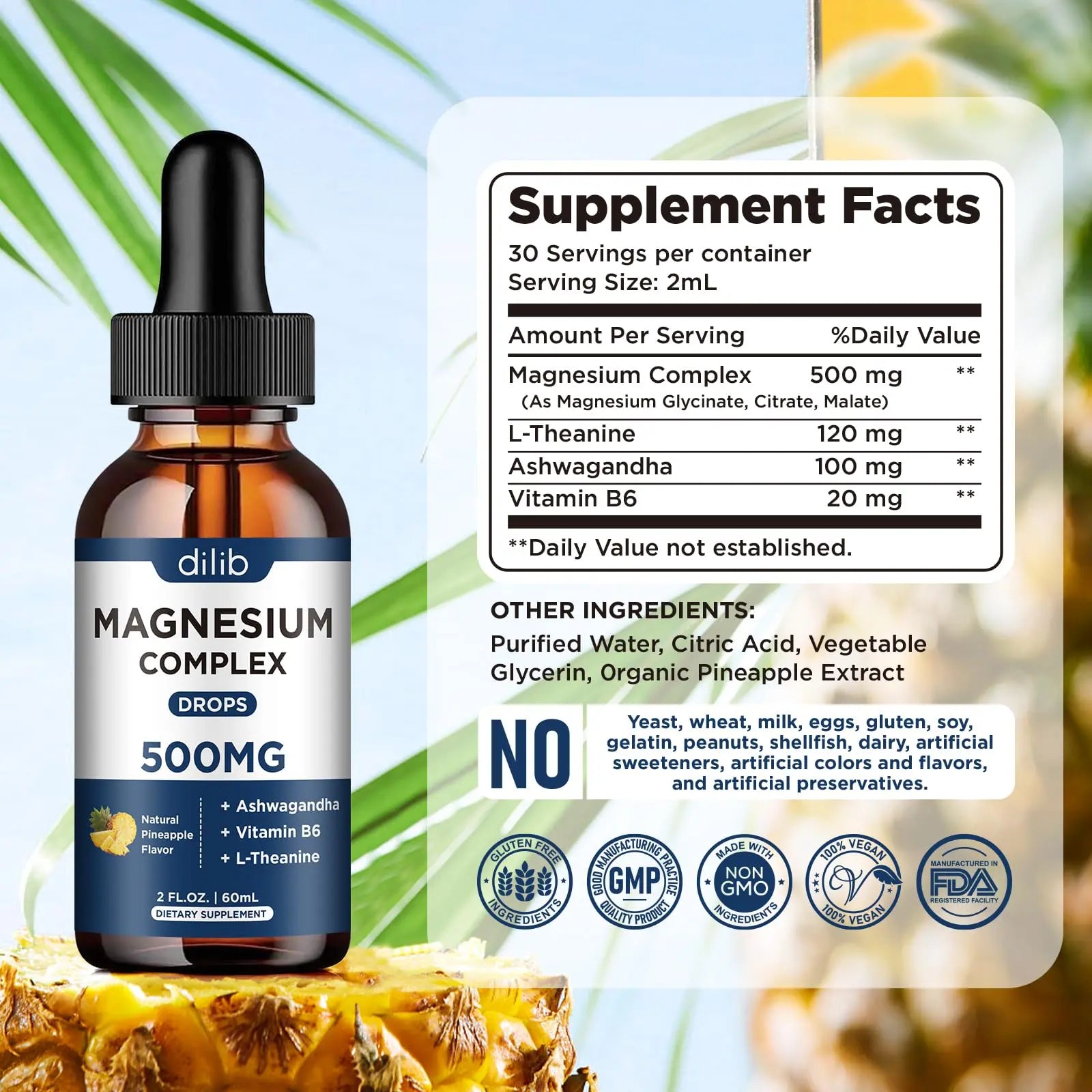 Triple Magnesium Complex Supplement-Magnesium Glycinate, Citrate, Malate Liquid Drops 500mg with Ashwagandha, L-Theanine, Vitamin B6 for Calm, Stress Relief, Sleep, Muscle Support-Pineapple Flavor dilibnz supplements