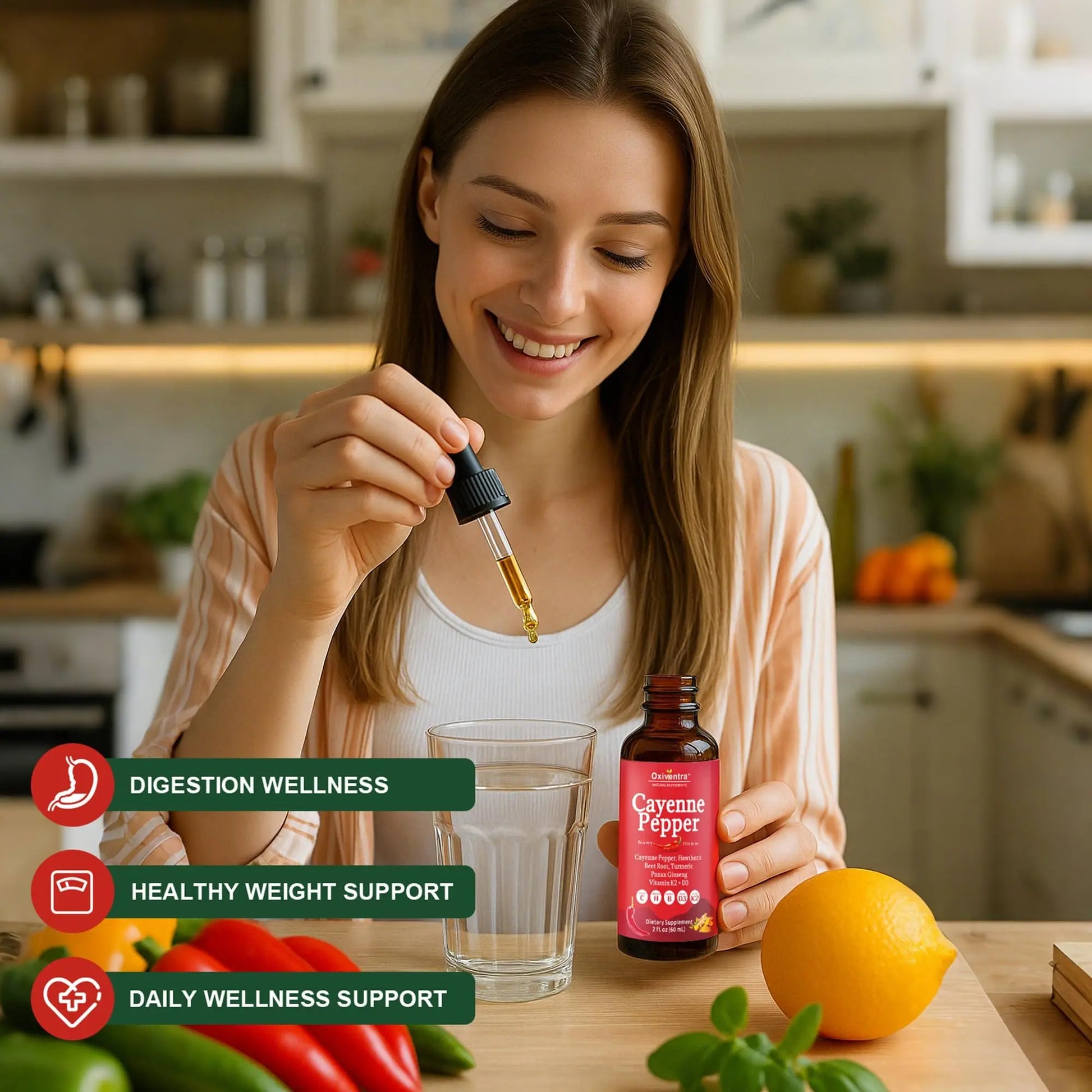 Cayenne Pepper Drops Liquid Supplement Smooth & Sweet Herbal Liquid + Hawthorn Berry, Vitamin D3 K2 Beet Root Powder, Ceylon Cinnamon, Turmeric Curcumin, Organic Panax Ginseng - 2fl oz Oxiventranz supplements