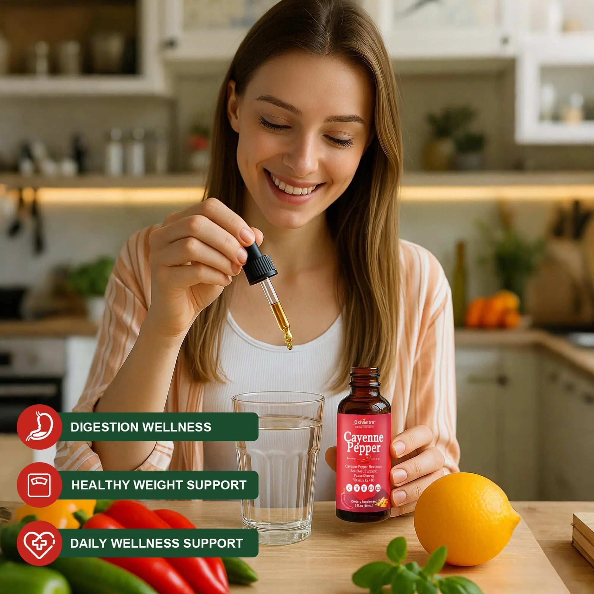 Cayenne Pepper Drops Liquid Supplement Smooth & Sweet Herbal Liquid + Hawthorn Berry, Vitamin D3 K2 Beet Root Powder, Ceylon Cinnamon, Turmeric Curcumin, Organic Panax Ginseng - 2fl oz Oxiventranz supplements