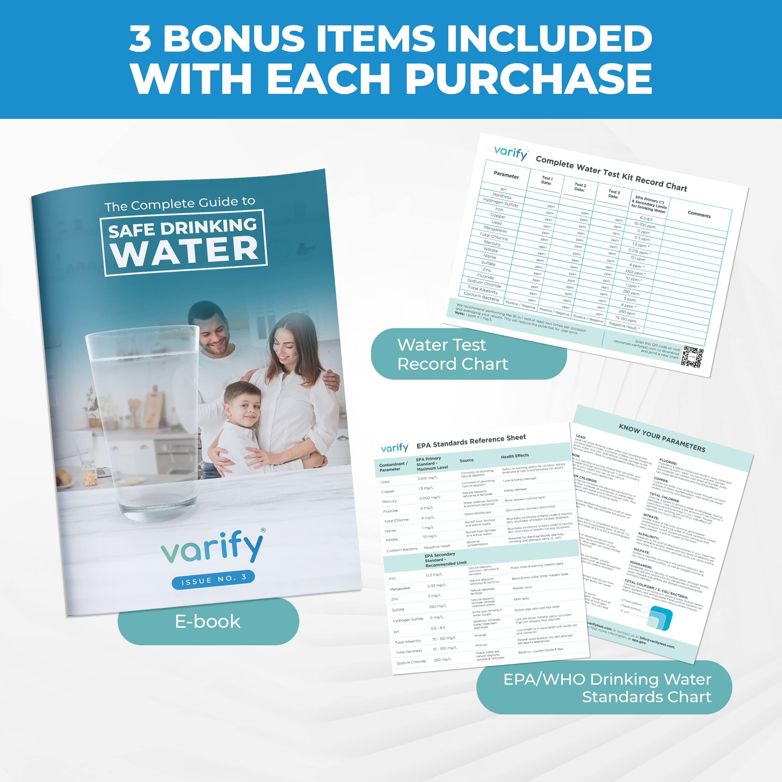 Varify 17in1 Complete Drinking Water Test Kit - 100 Strips + 2 Bacteria Tester Kits - Well, Tap, Home, City Water Testing Strip for Lead, Alkaline, Chlorine, Hardness, Iron, Fluoride, Copper & More VARIFYAu supplements