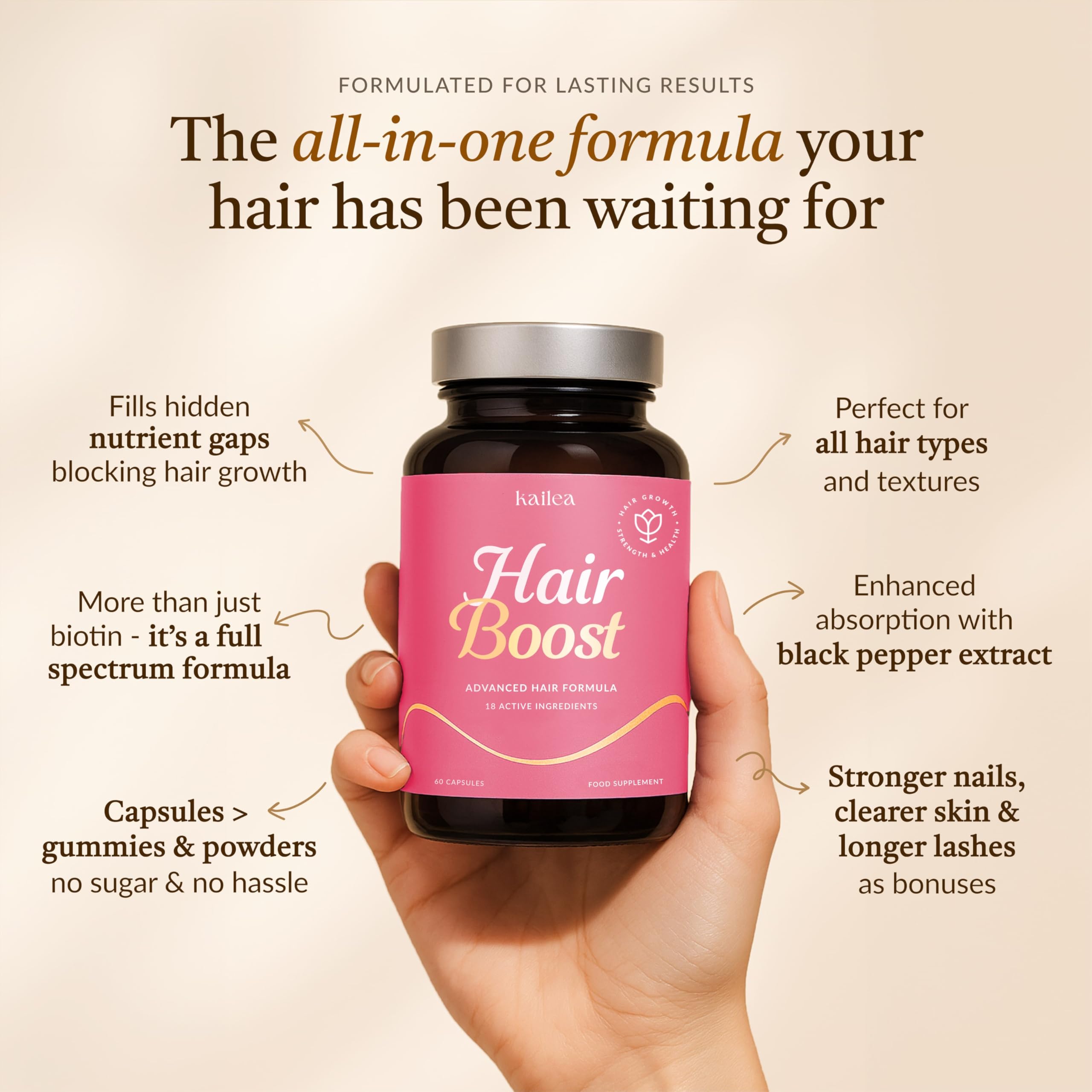 18-in-1 Hair Growth Supplement | Collagen, Hyaluronic Acid, Nettle, Silica, Biotin, Grape Seed Extract, Bamboo | Stronger, Thicker, Longer Hair – Supports Hair Volume, Shine, Scalp & Nail Health kaileaAu supplements