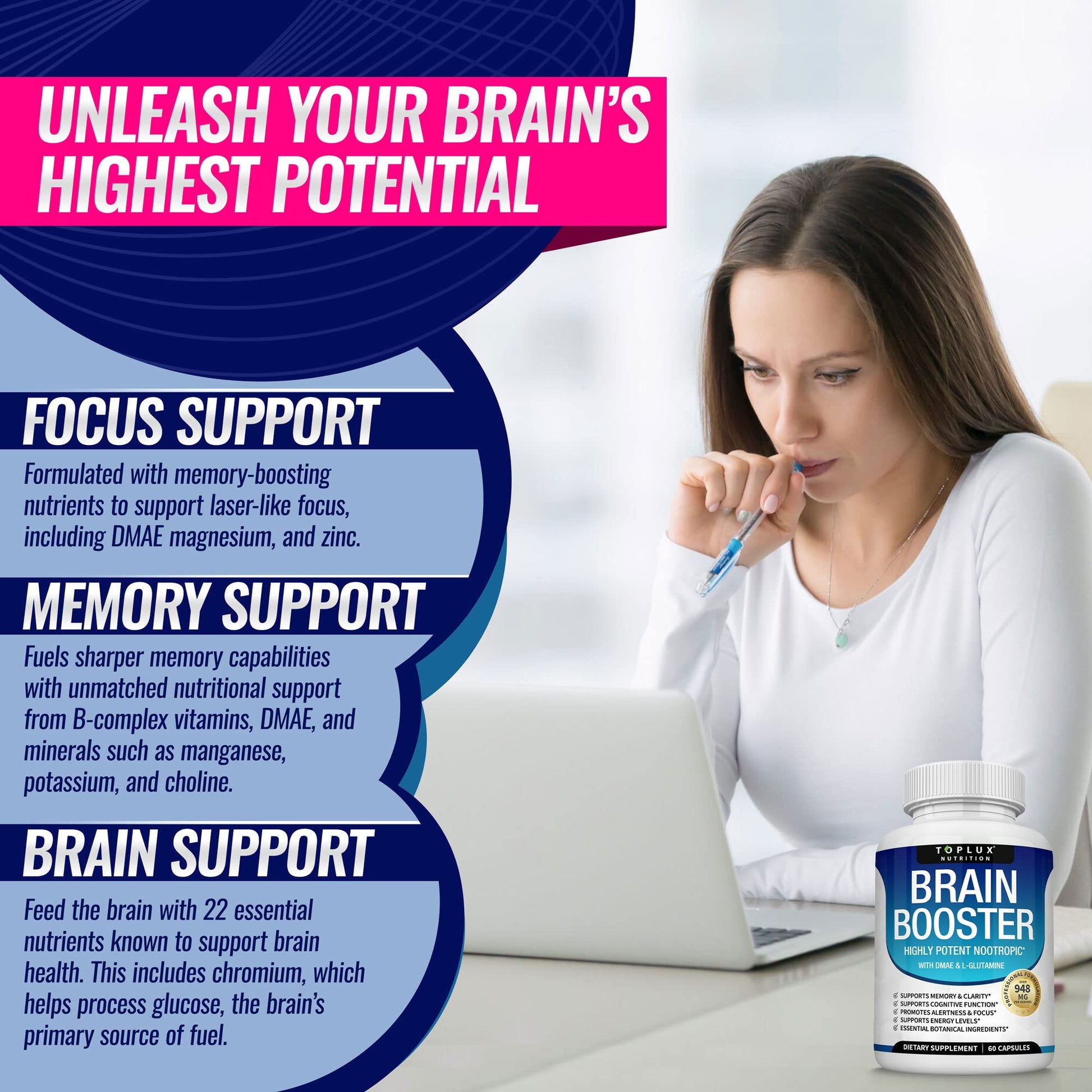 Toplux Brain Supplement Nootropic – Brain Pills Vitamin with DMAE, Bacopa Monnieri, L-Gutamine, for Men Women, 60 Capsules, Nutrition TopluxAu supplements