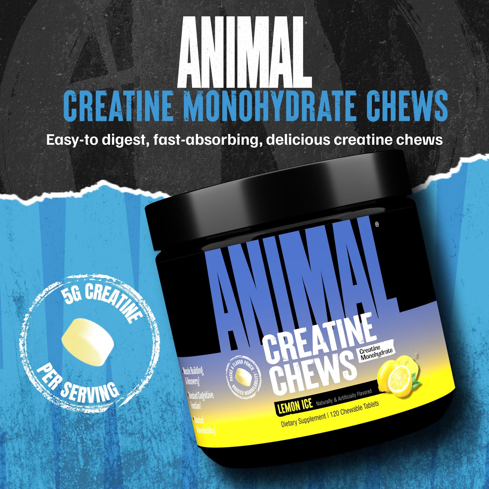 Animal Creatine Chews Tablets - Enhanced Creatine Monohydrate with AstraGin to Improve Absorption, Sea Salt for Added Pumps, Delicious and Convenient Chewable Tablets - Lemon Ice AnimalAu supplements
