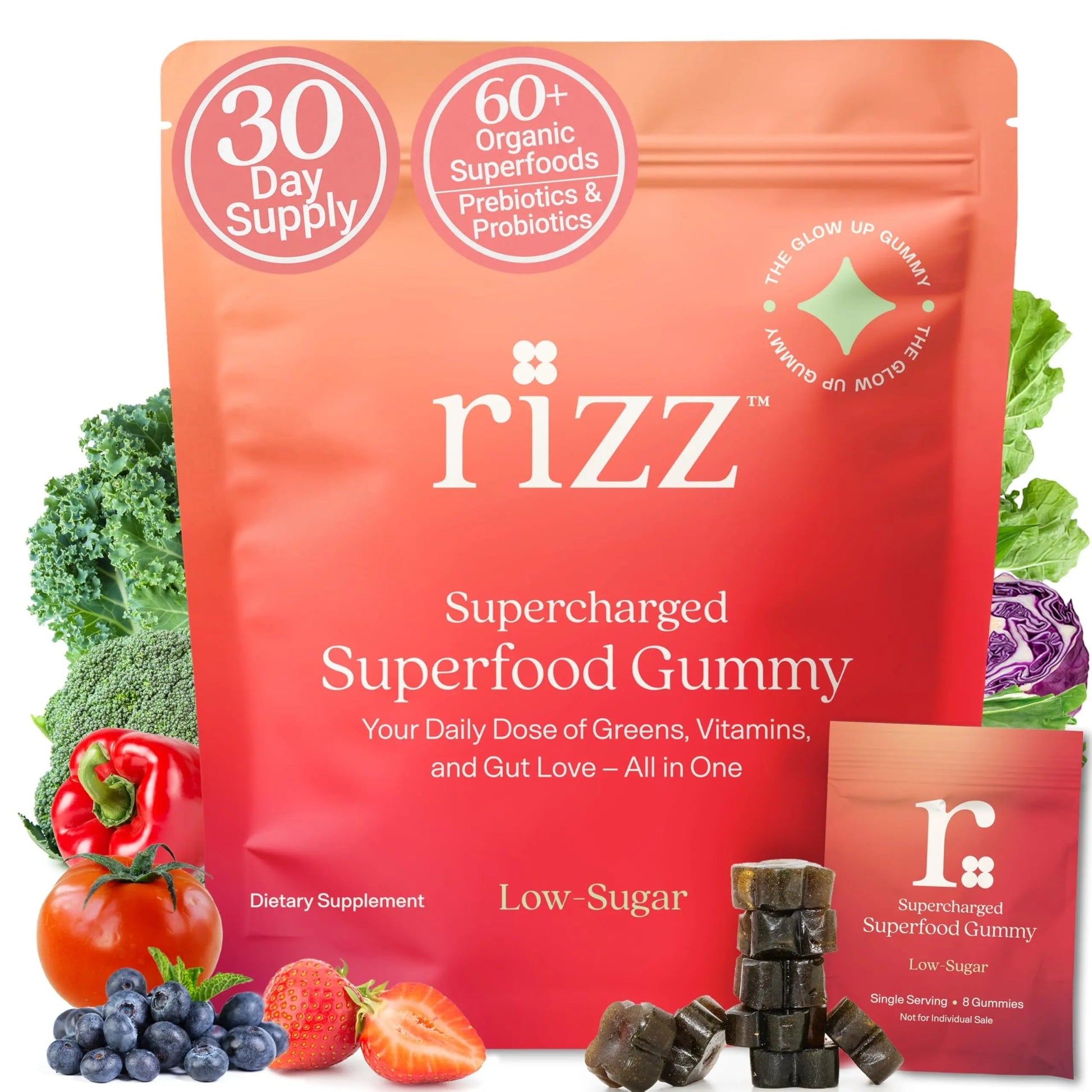 Rizz Low Sugar Green Gummies - 60+ Superfoods 6g Fiber - Prebiotic and Probiotic Gummies - Vegan Multivitamins for Women & Men RizzAu supplements