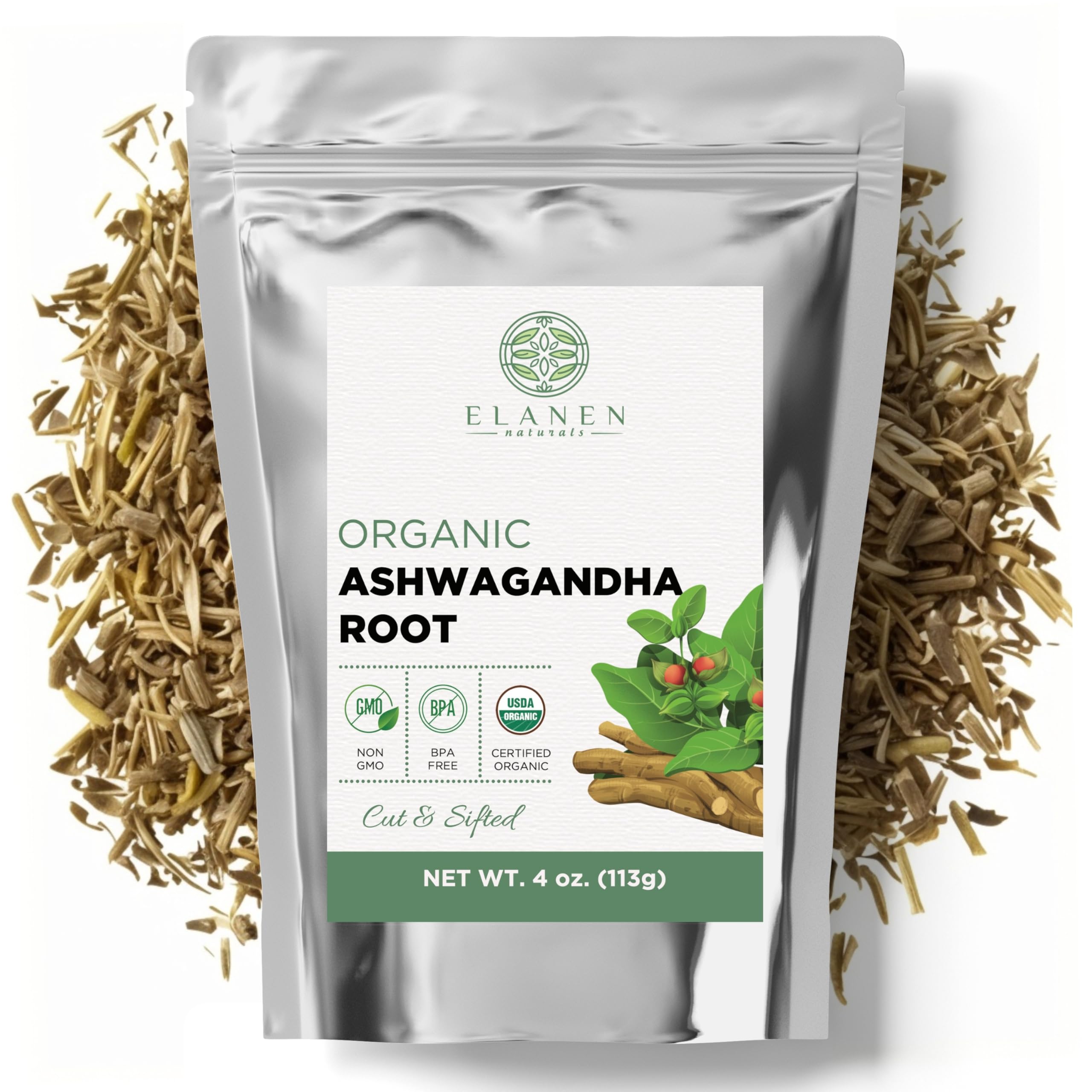Elanen Naturals Organic Ashwagandha Root 4 oz. (113g), USDA Certified Organic Ashwagandha Root Loose Leaf Tea, Dried Withania somnifera, Cut & Sifted Elanen NaturalsAu supplements