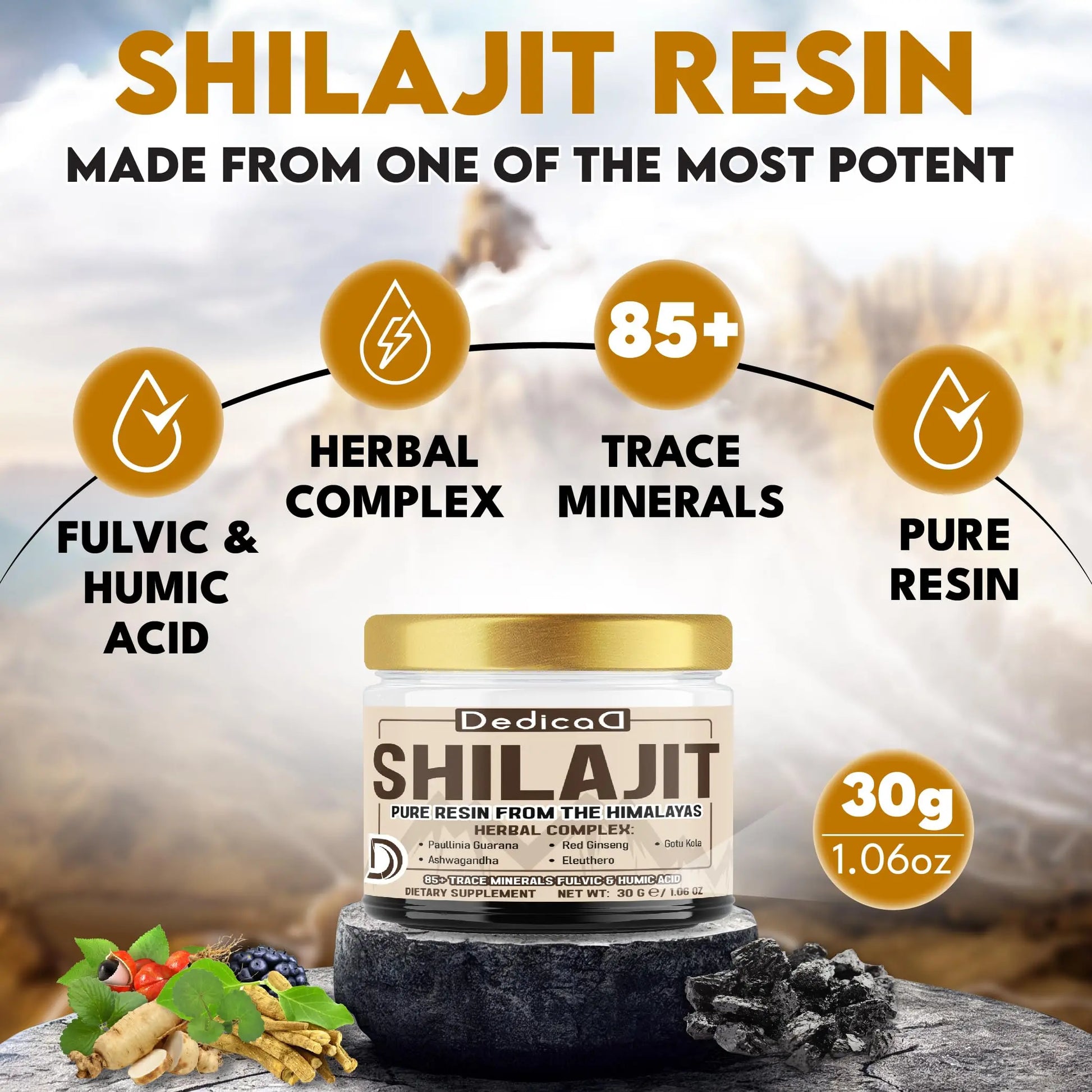 DEDICAD 30g Shilajit Resin with Herbal Complex - Paullinia Guarana, Gotu Kola Leaf & More - Shilajit Pure Himalayan Organic for Immune System, Energy Production, Brain Health & Stamina DEDICADnz supplements