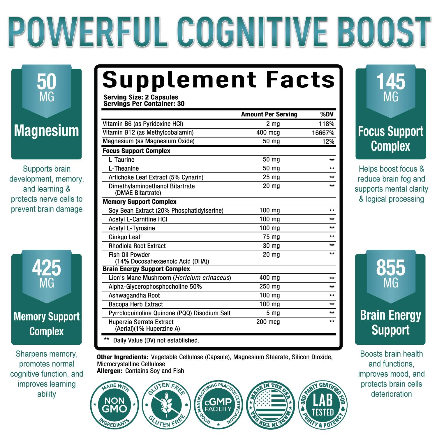 Premium Brain Supplement - Nootropic Brain Booster for Focus, Clarity, Improved Memory Purely OptimalUS supplements