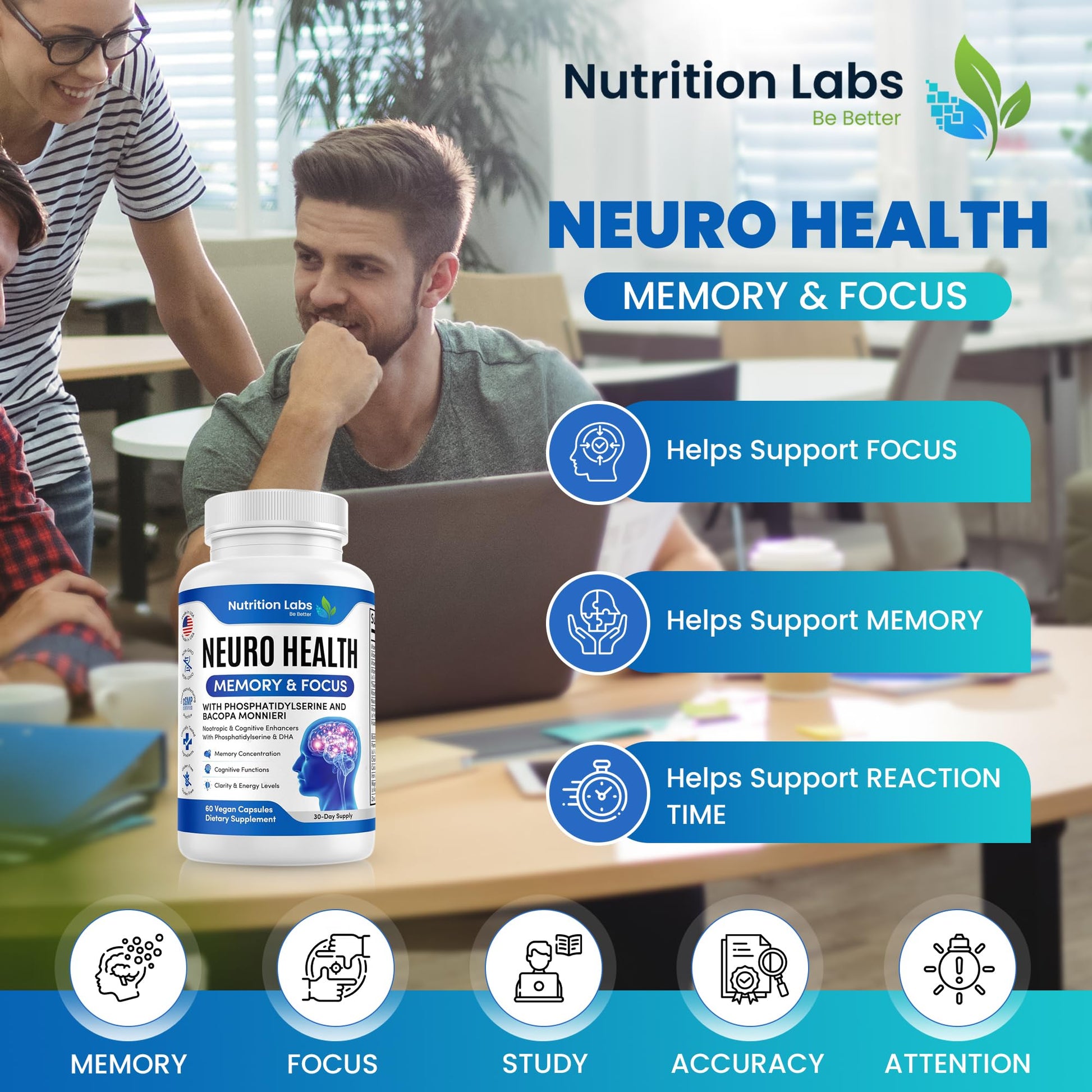 Nootropic & Neuro Brain Supplement for Memory & Focus Support. Clinically Tested Vitamins for Mental Support & Cognitive Clarity W/Bacopa Monnieri, VIT A, B6, Riboflavin, Niacin, Thiamin & Folate NUTRITION LABS BE BETTERAu supplements