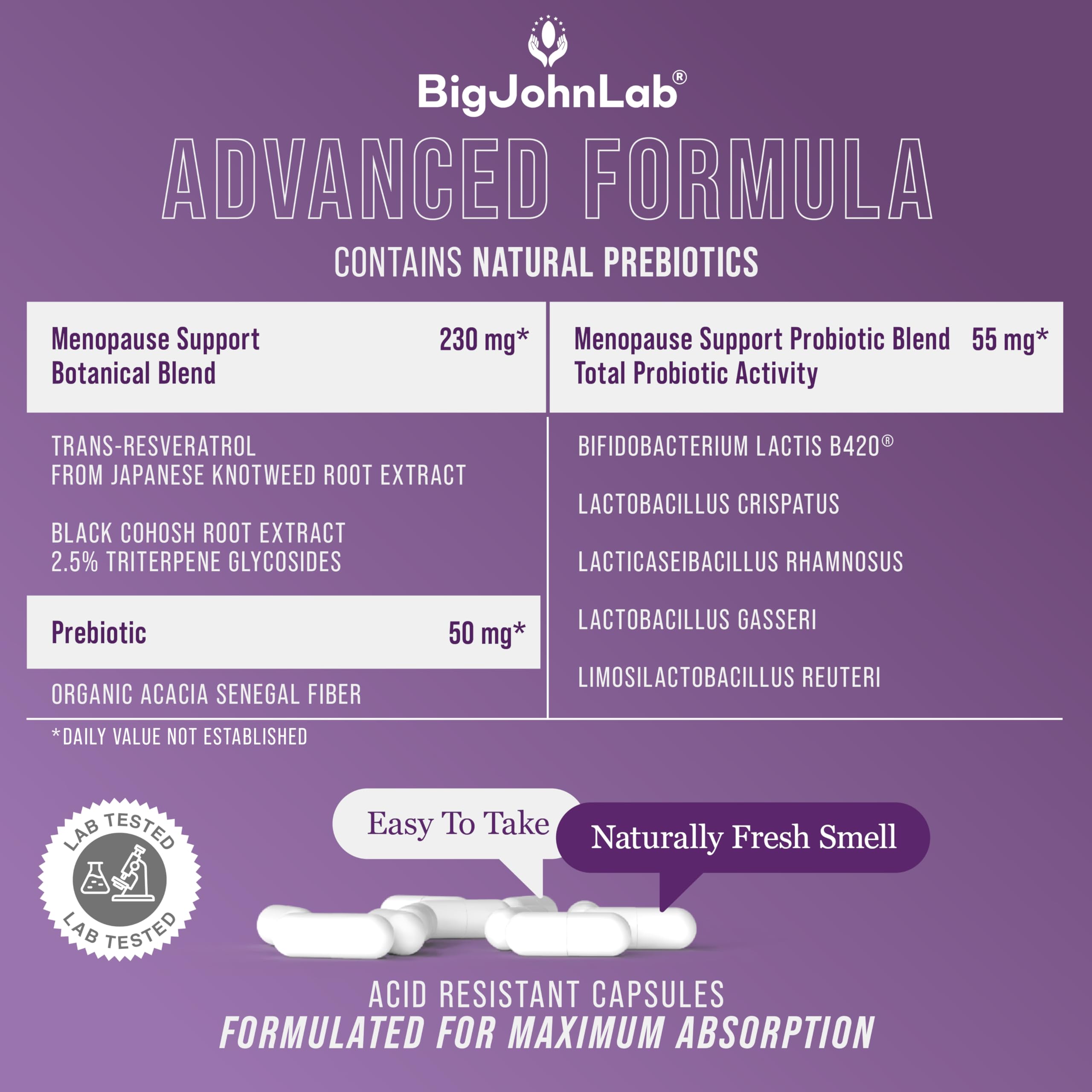 BIGJOHNLAB® - Menopause Total Support – Advanced Probiotic Formula with 5 Strains & 15 Billion CFU, Resveratrol, Black Cohosh, Acacia Fiber, Non-GMO & 100% Vegetarian BIGJOHNLABAu supplements