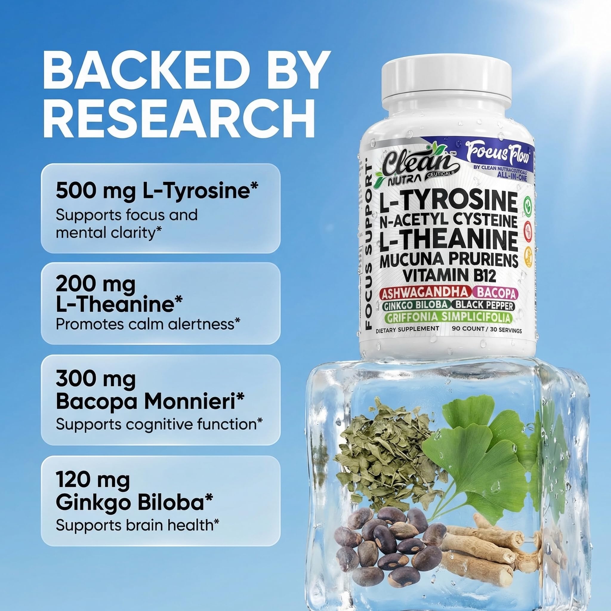 Focus Flow L-Tyrosine Vitamin B C D L-Theanine Ashwagandha Ginkgo Biloba Vitamin B12 Thiamine Black Pepper N-Acetylcysteine Mucuna Pruriens 90 Count Capsules by Clean Nutra Clean NutraceuticalsAu supplements