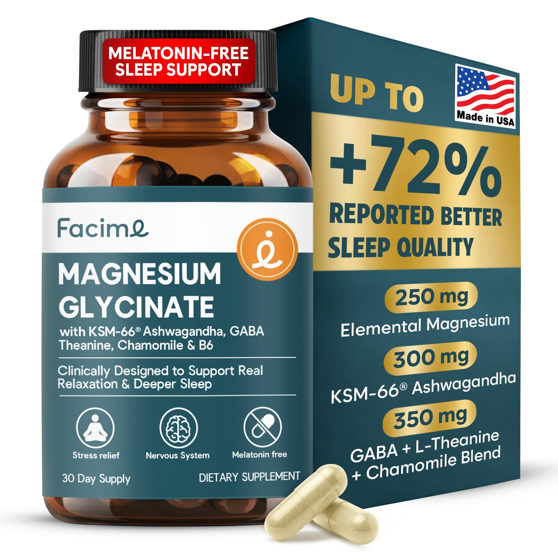 Natural Chelated Magnesium Glycinate Sleep Aid - Melatonin-Free Sleep & Stress Relief with KSM-66 Ashwagandha, GABA, L-Theanine & Chamomile for Muscle Relaxation - Made in USA - 90 Capsules FacimeAu supplements