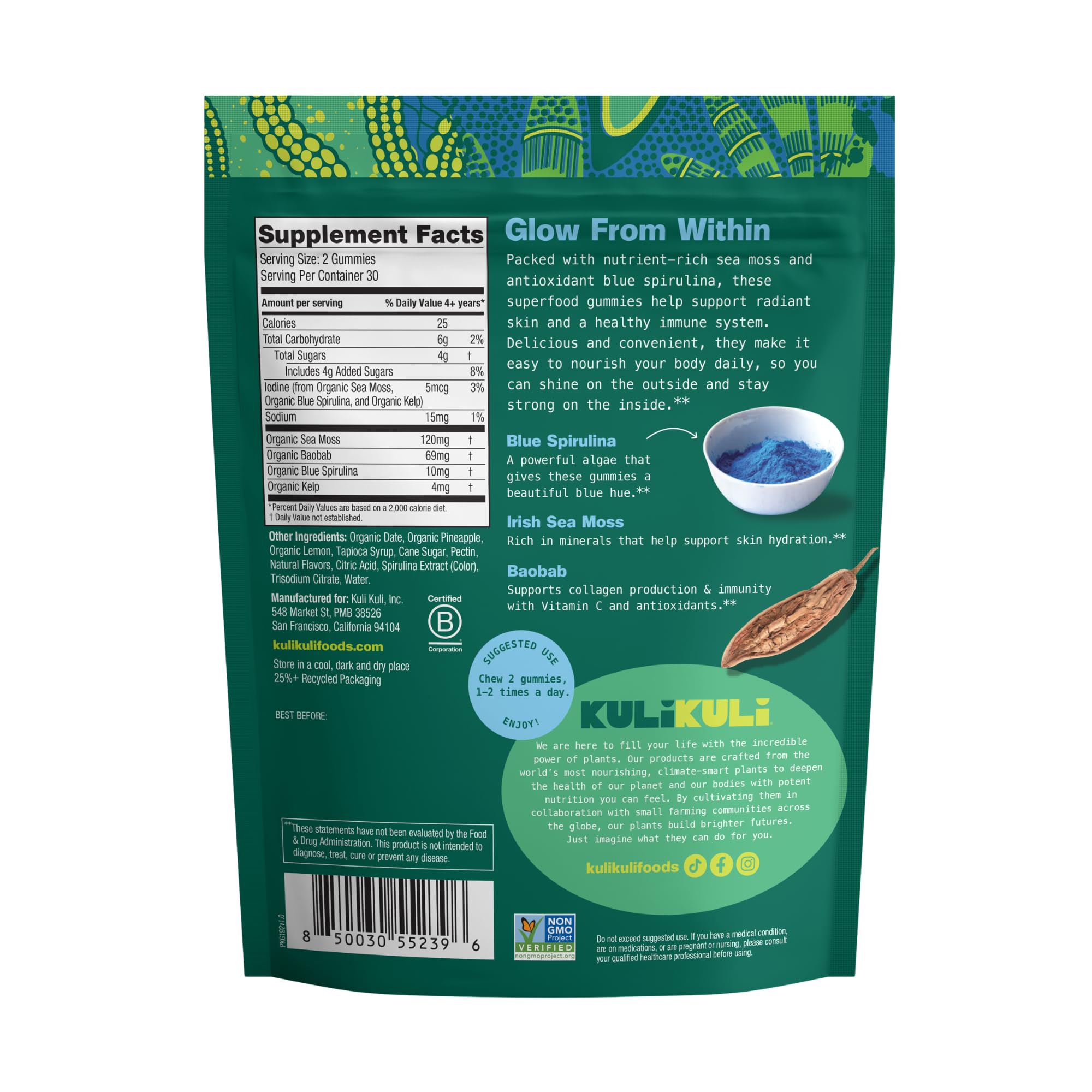 Kuli Kuli Sea Moss & Blue Spirulina Superfood Gummies - Pineapple Colada Flavor, 60 Count - Plant-Based Irish Sea Moss with Baobab & Vitamin C for Skin Glow, Immune Support & Collagen (1 Month Supply) Kuli KuliAu supplements