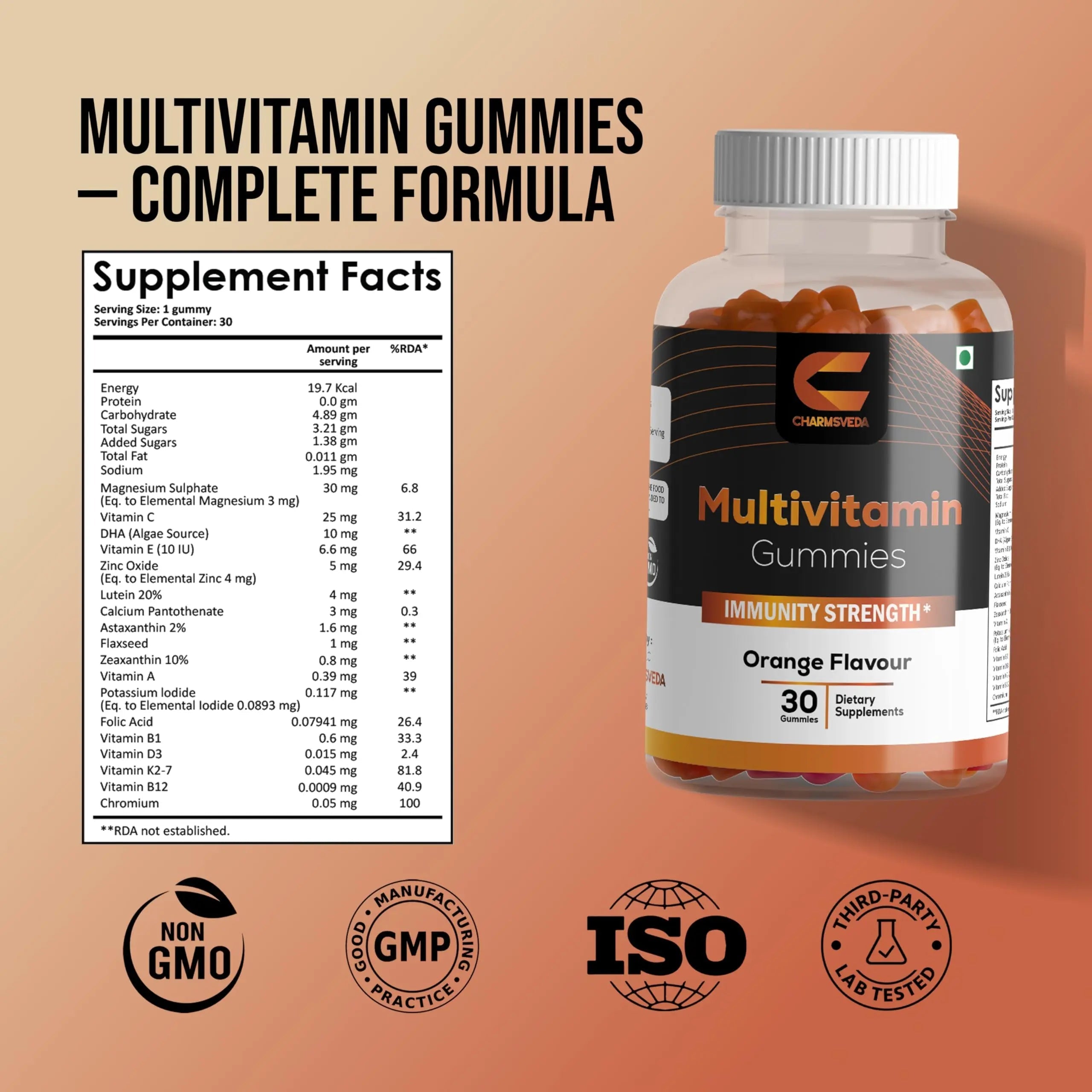 CHARMSVEDA Multivitamin Gummies – Energy, Immunity & Overall Wellness with DHA, Vitamin C, Zinc & Antioxidants – Orange Flavour – 30 Gummies CHARMSVEDAAu supplements