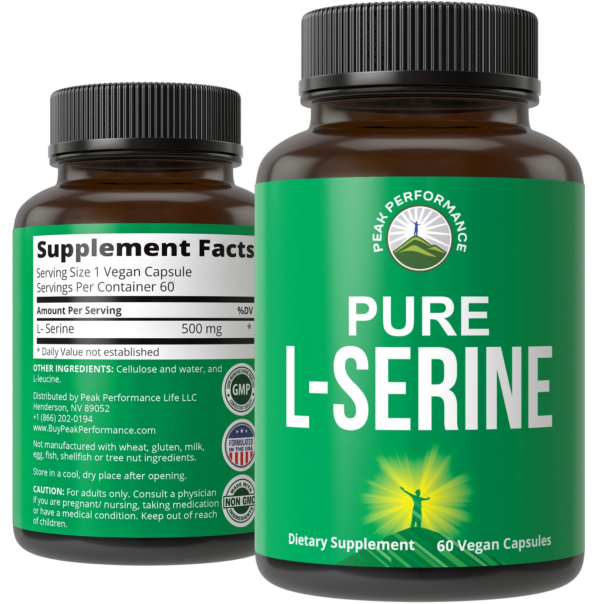 Peak Performance L-Serine Capsules 500mg Best Brain and Nootropic Amino Acids for Production of L-Cystine, L-Tryptophan and Serotonin. USA Grade L Serine Pills. Non-GMO Supplement (60 Servings) Peak PerformanceAu supplements