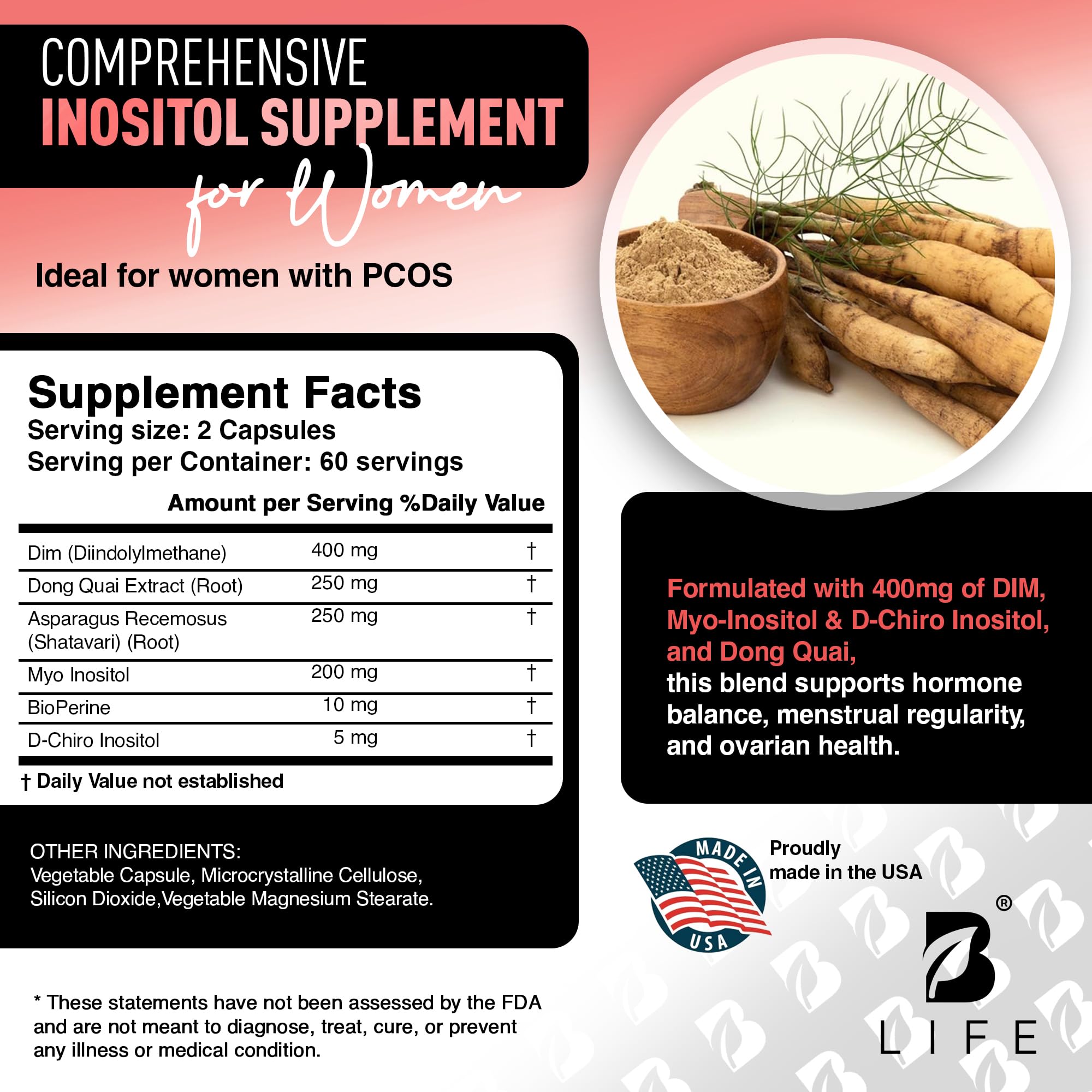 B Life Company DIM Supplement 400 mg with Myo & D-Chiro Inositol, Dong Quai – Hormone Balance for Women – Fertility Supplements – Inositol Supplement - 120 Caps B Life CompanyAu supplements