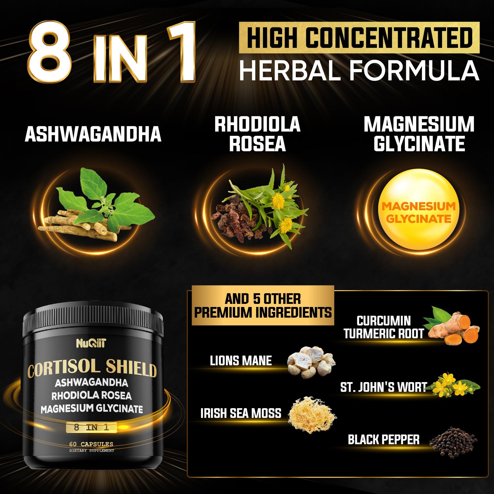 8in1 Cortisol Shield - Ashwagandha and Magnesium, Rhodiola Rosea, Lions Mane, Sea Moss, Turmeric, St Jonh's Wort - Mind& Mood Balance, Rest Well, Support Immume - 60 Capsules NUQIITAu supplements