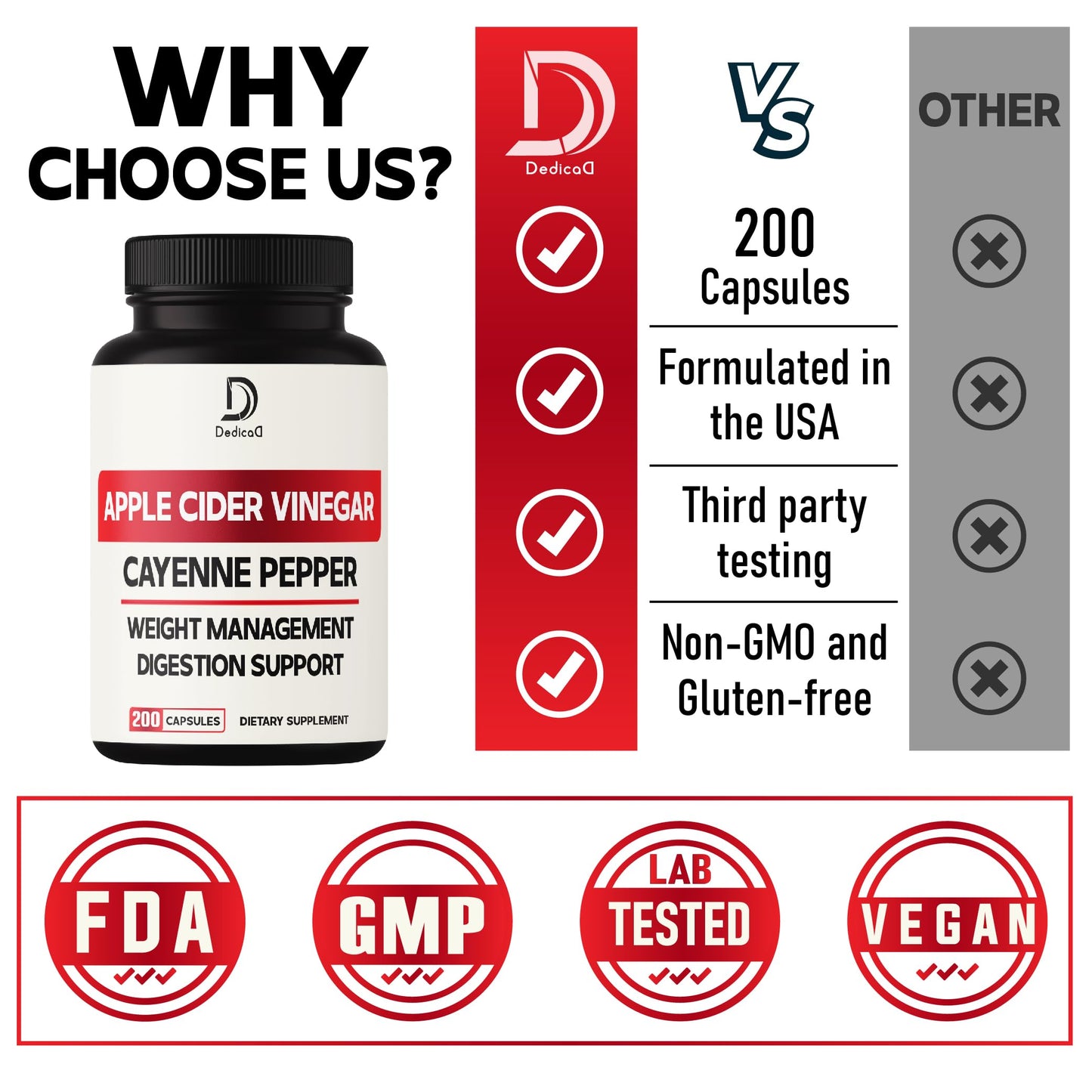 12in1 Apple Cider Vinegar Supplements - 200 Capsules with Cayenne Pepper, Grape Seed DEDICADUS supplements