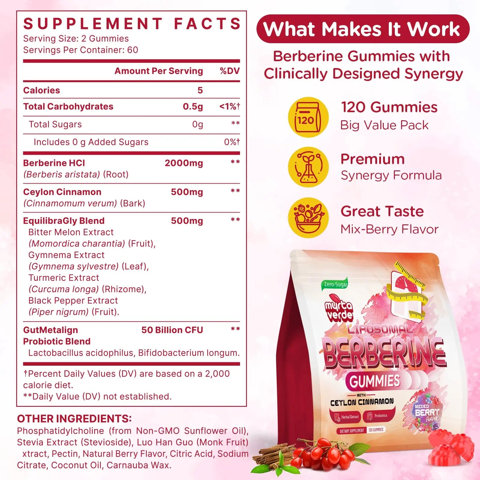 2000mg Liposomal Berberine Supplement Gummies | High Potency Berberine HCI Activates AMPK with Ceylon Cinnamon | Advanced Absorption | Zero Sugar Mixed-Berry | 120 Count Myrtaverdenz supplements