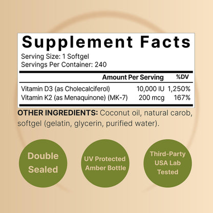 NatureBell Vitamin D3 K2 (10,000 IU Vitamin D + 200mcg Vitamin K MK-7) 240 Softgels NatureBellUS supplements