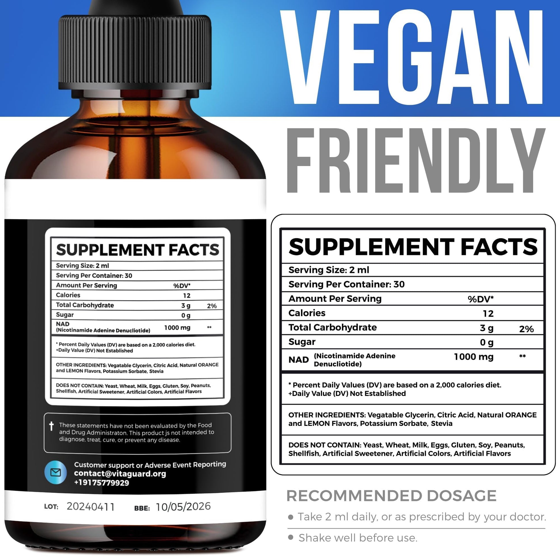 Vita Guard Pure NAD+ Supplements 1000mg Liquid Drops for Women & Man | Nicotinamide Adenine Similar to Nicotinamide Riboside NAD Plus Boosting Supplement - Natural Lemon & Orange Flavor Vita GuardAu supplements
