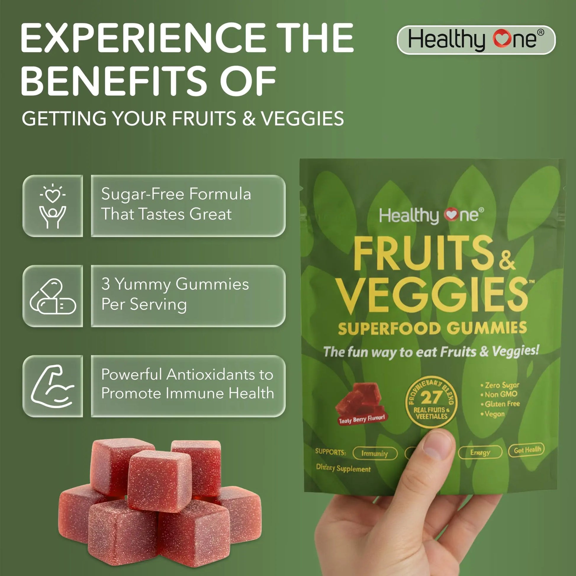 Fruits & Veggies Sugar-Free Gummies - 27 Whole Foods - Equals 3 Servings of Fruits & Vegetables - Improve Energy, Focus & Immune Function - Fiber - Antioxidants - Organic Ingredients - 14 Packets Healthy Onenz supplements